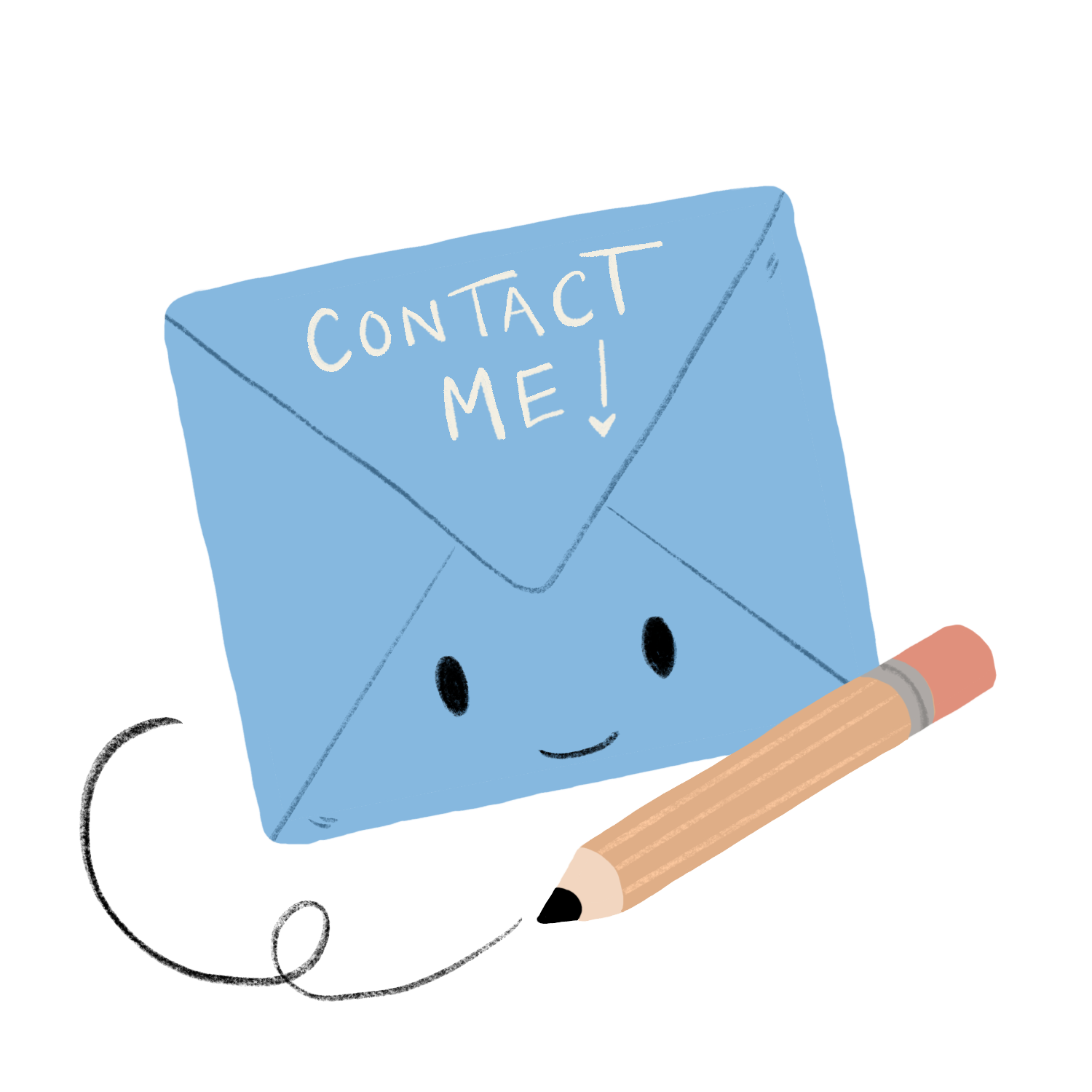 Illustration of a blue envelope with a face and a #2 pencil, the envelope says "contact me".
