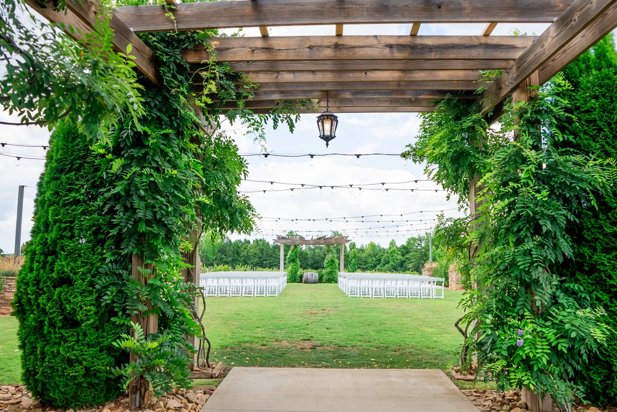 Wedding ceremony pergola entrance framed by greenery and string lights at Spinning Leaf at the Vineyard, NC