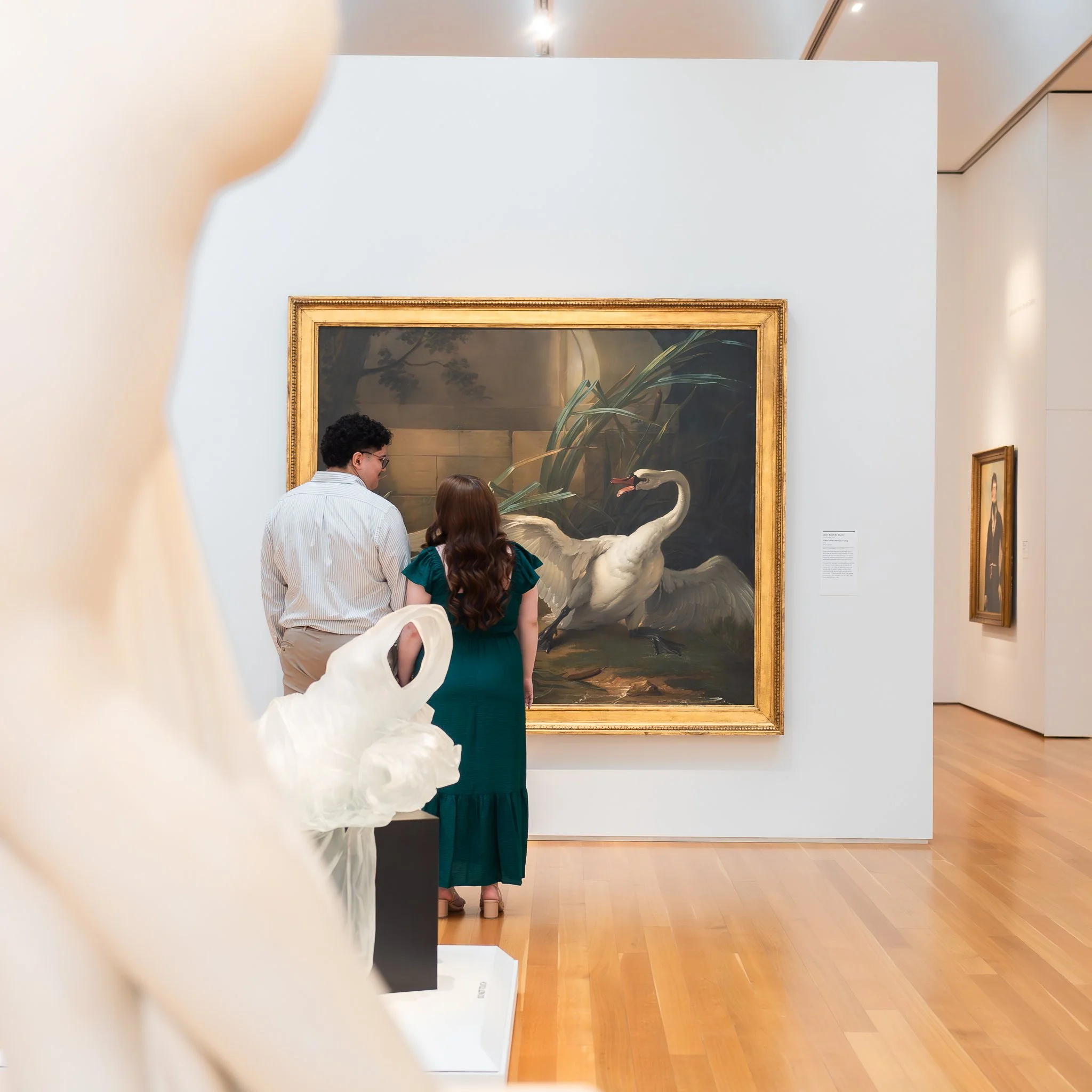 Couple viewing artwork together inside an art museum during an editorial portrait session.