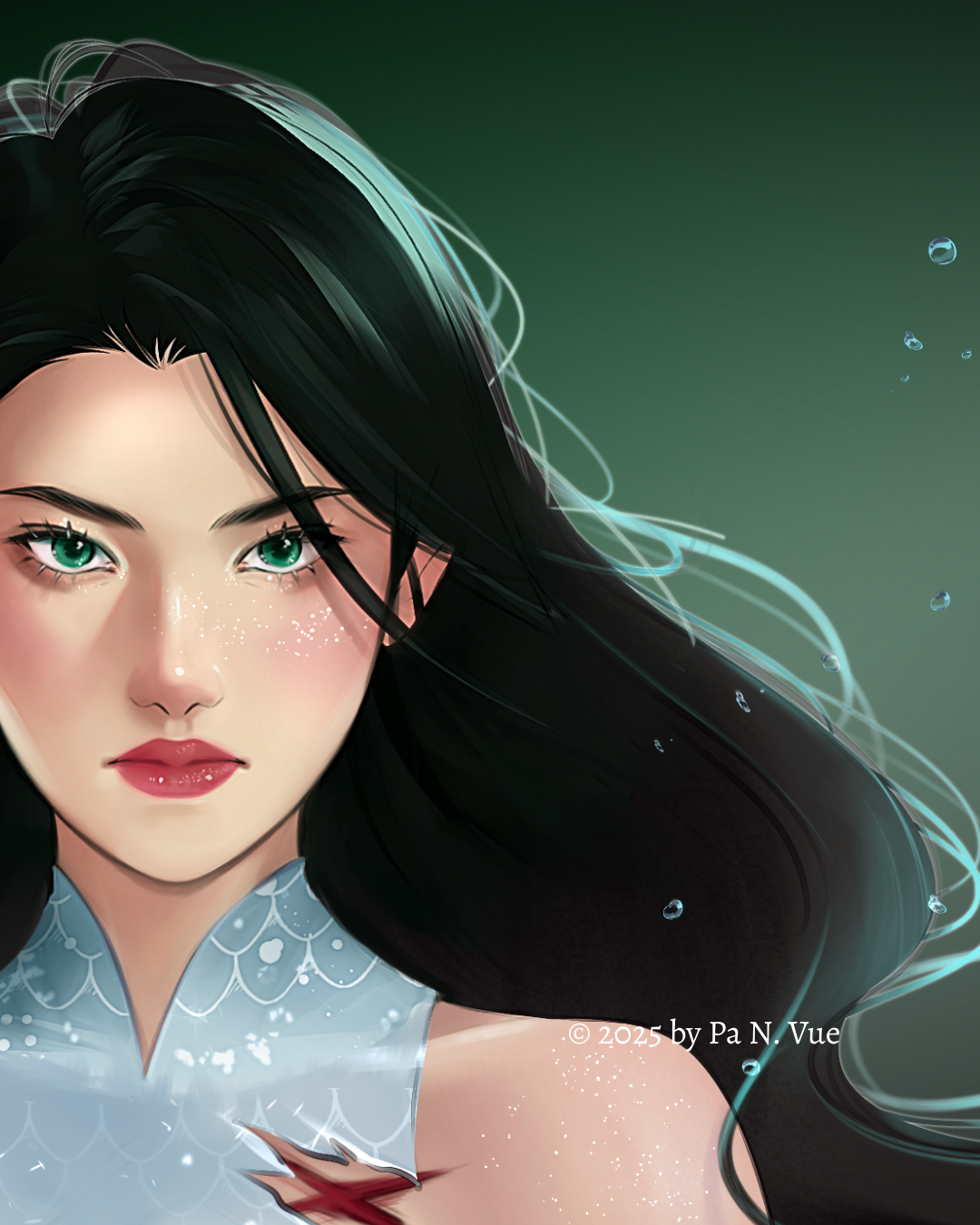 Digital art of a woman with long black hair and green eyes, wearing a white scaled outfit, against a green background with water droplets.