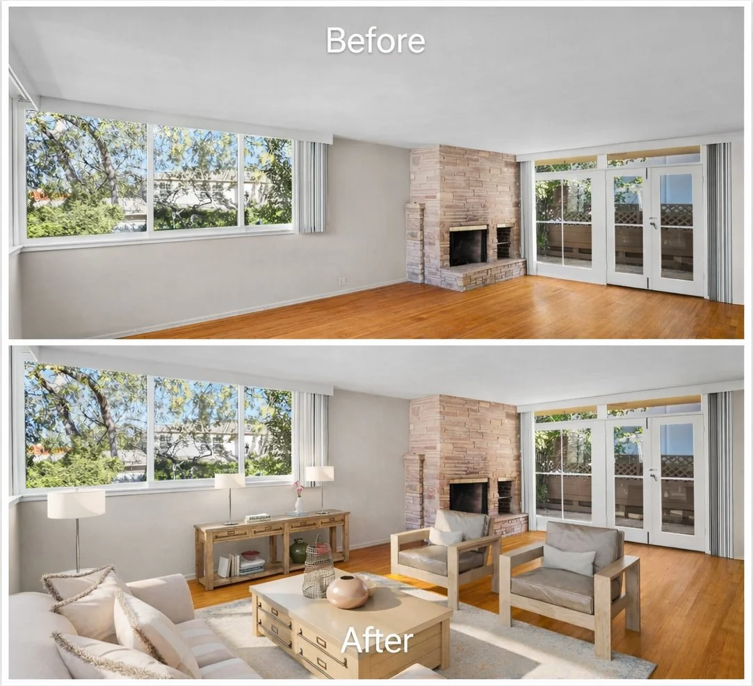 Before and after virtual staging of a Los Angeles living room by Intuition Real Estate Media, showcasing empty space versus professionally staged interior for real estate marketing.