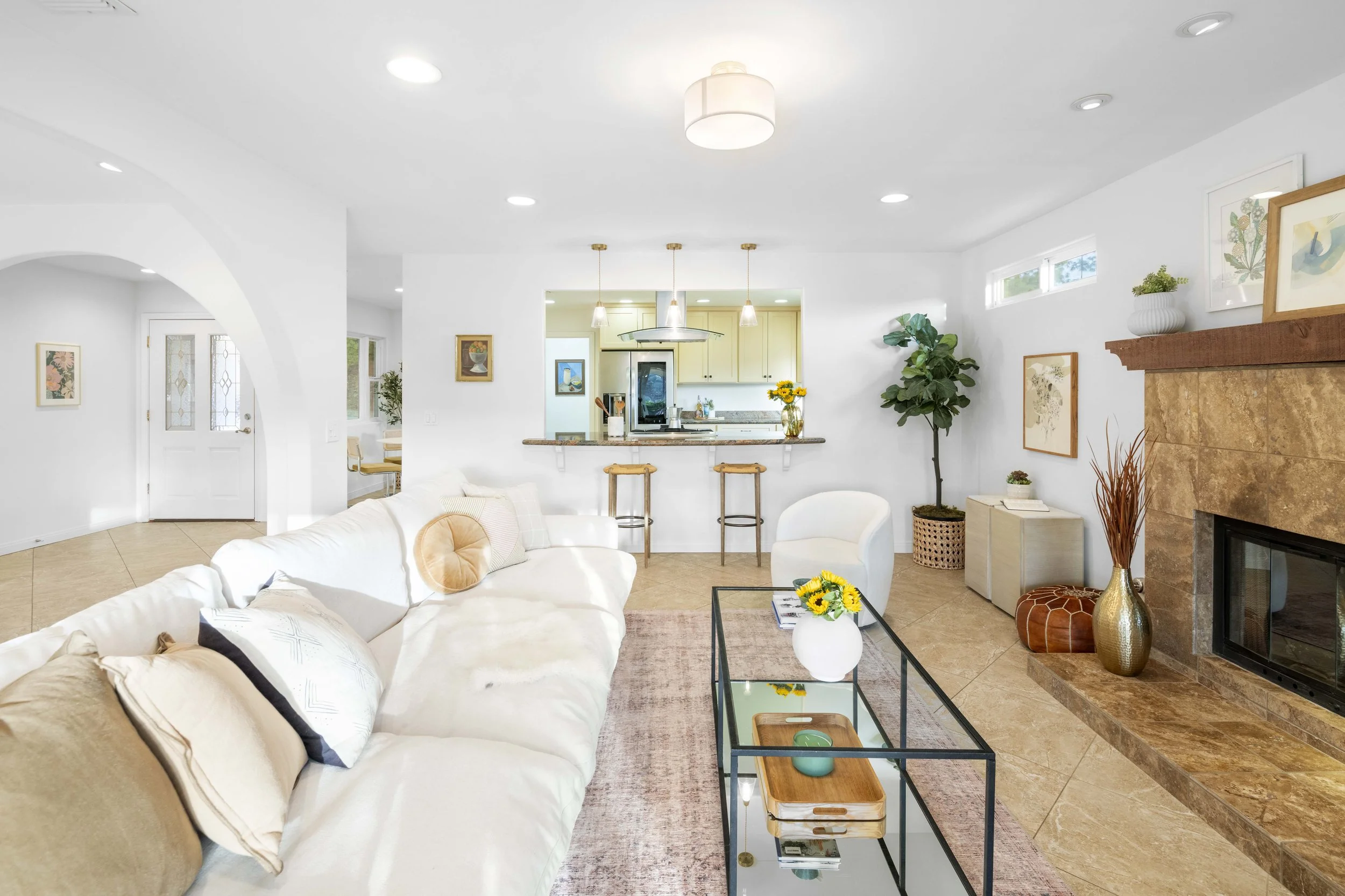 Stylish Los Angeles living room with fireplace and potted plants — professionally staged and shot by Intuition Real Estate Media for home listing content.