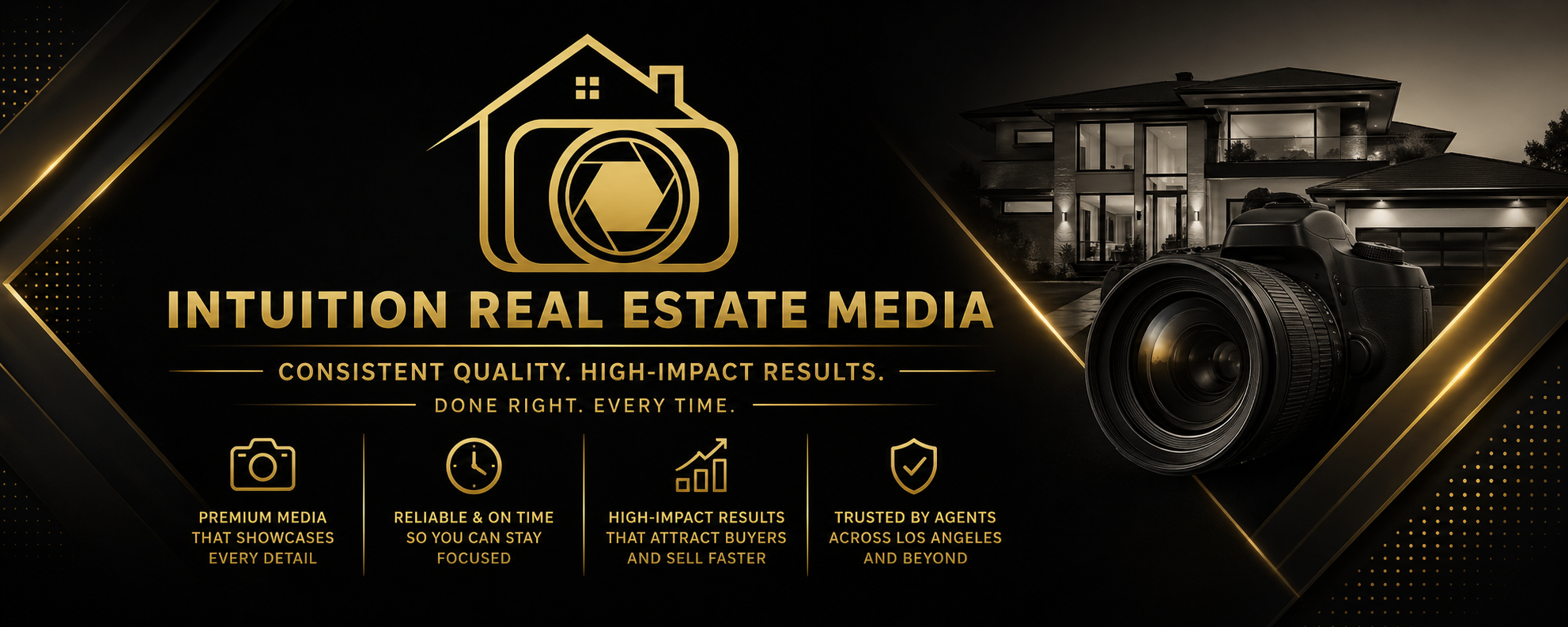 ntuition Real Estate Media logo banner with gold branding showcasing Los Angeles real estate photography services and high-impact property marketing