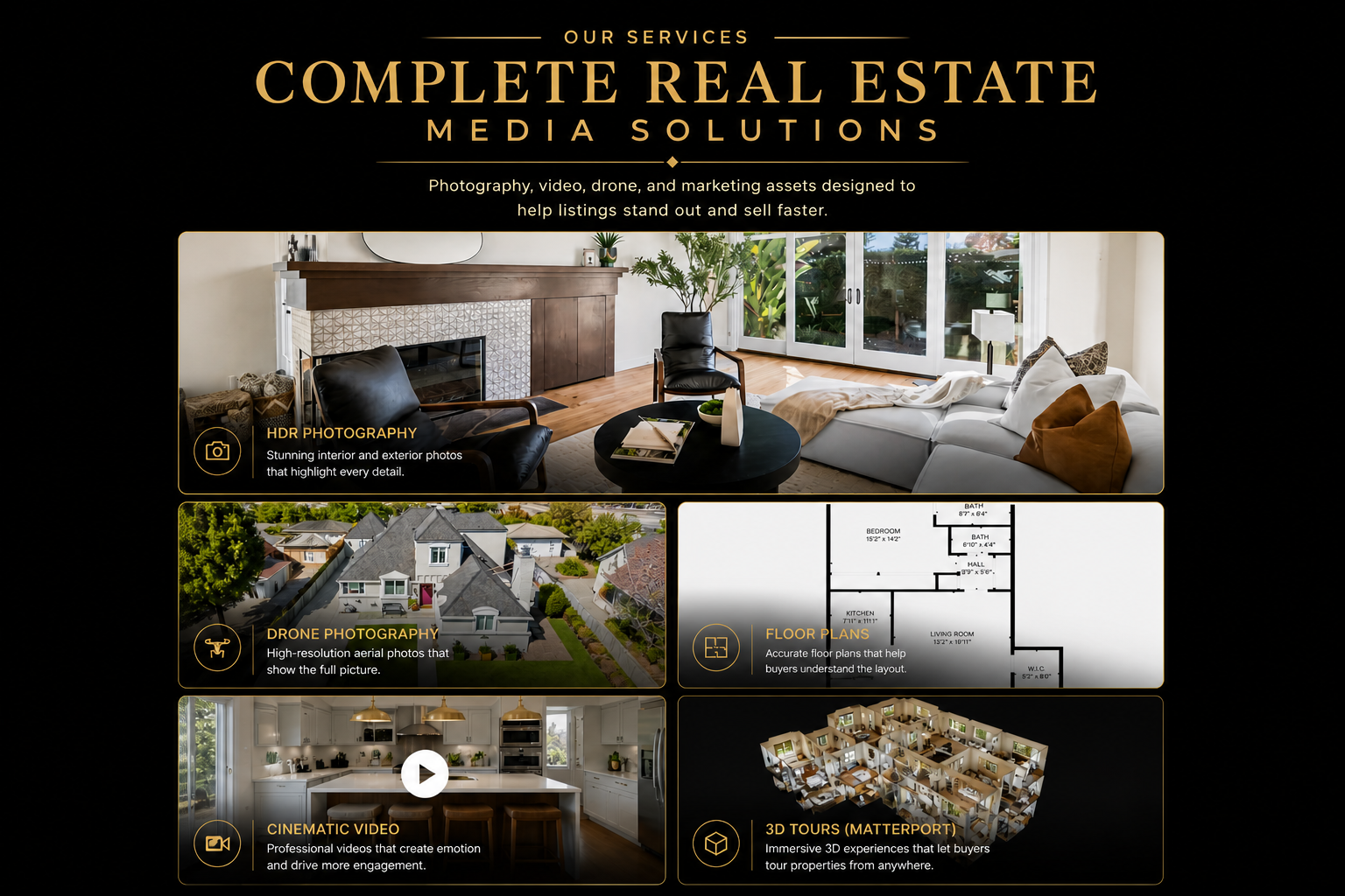 Best real estate media services in Los Angeles featuring HDR photography, drone aerial photography, cinematic listing video, floor plans, and Matterport 3D tours by Intuition Real Estate Media