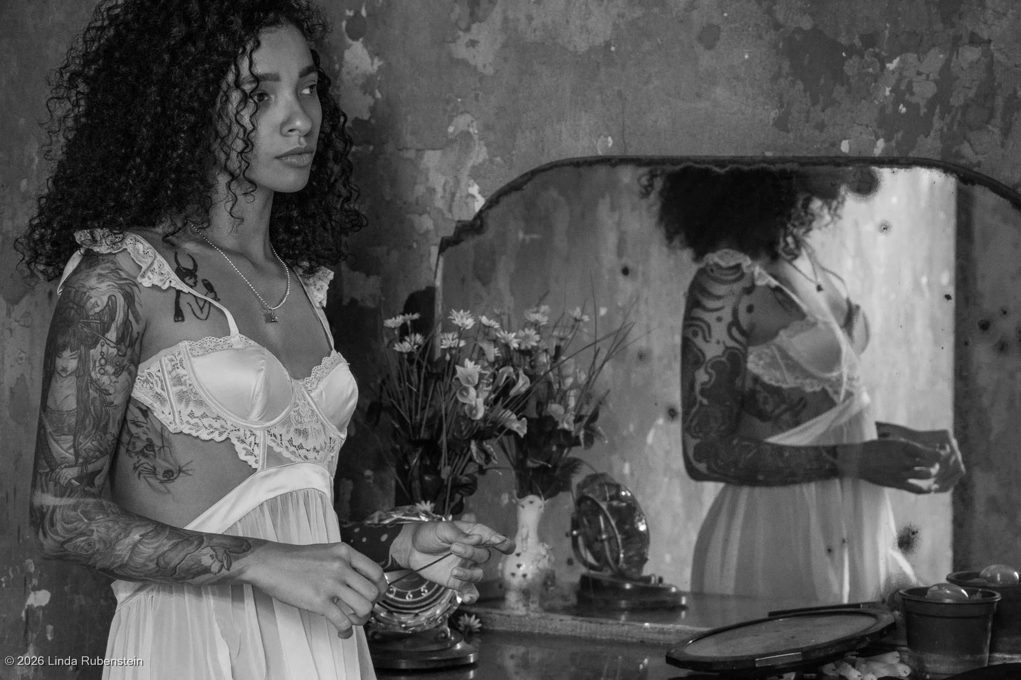 Woman and reflection, lingerie, tattoos Havana Cuba