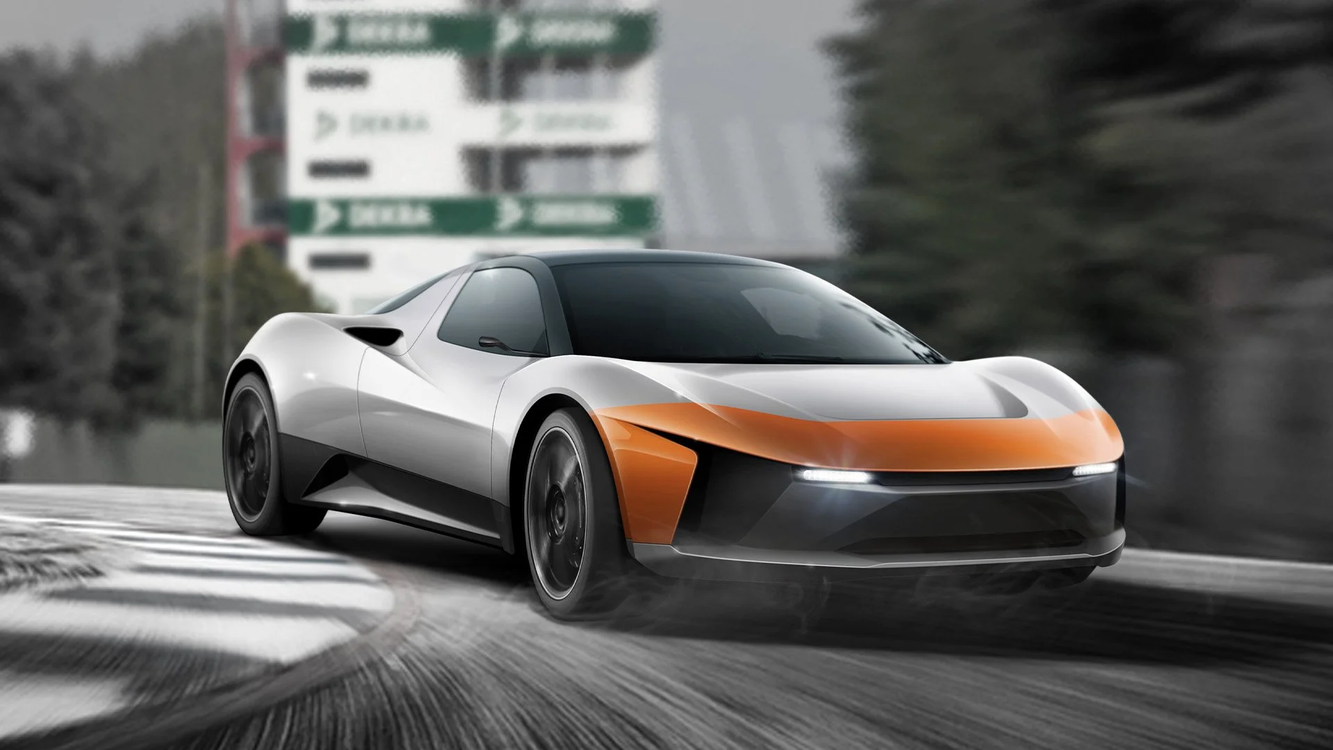 A sleek, futuristic sports car with a white body and orange accent on the front, speeding around a curve on a road with blurred background trees and highway signs.