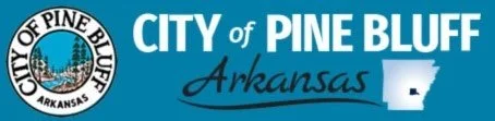 City of Pine Bluff Arkansas logo with blue background and city seal featuring a pine tree and river.
