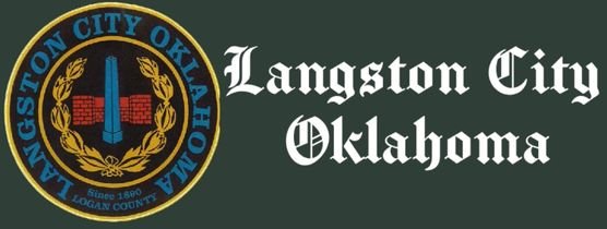 Seal of Langston City, Oklahoma, with a torch and emblem, next to the text 'Langston City, Oklahoma'.