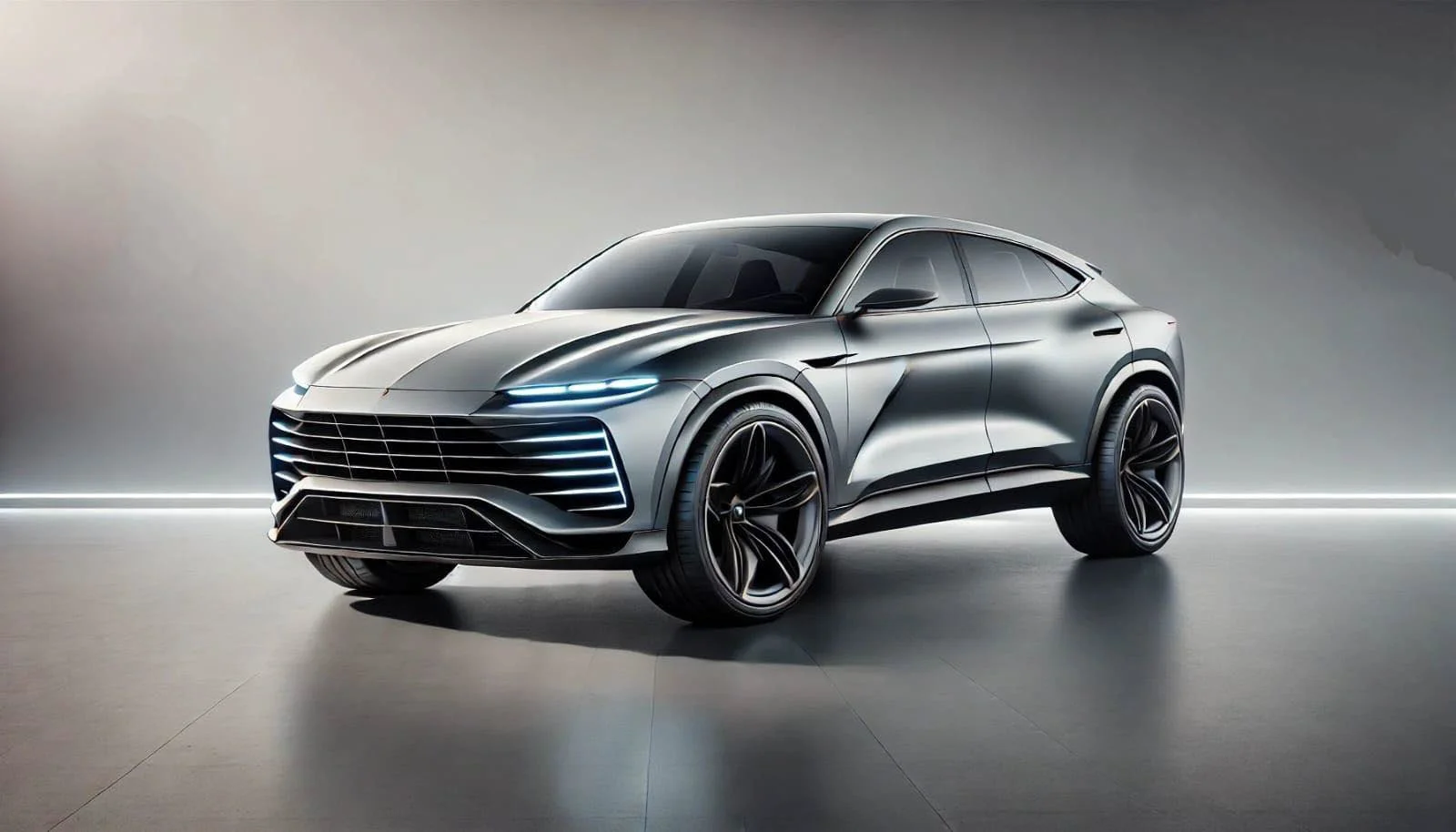 A sleek, silver luxury SUV with modern design, black wheels, and illuminated front grille in a minimalistic studio setting.