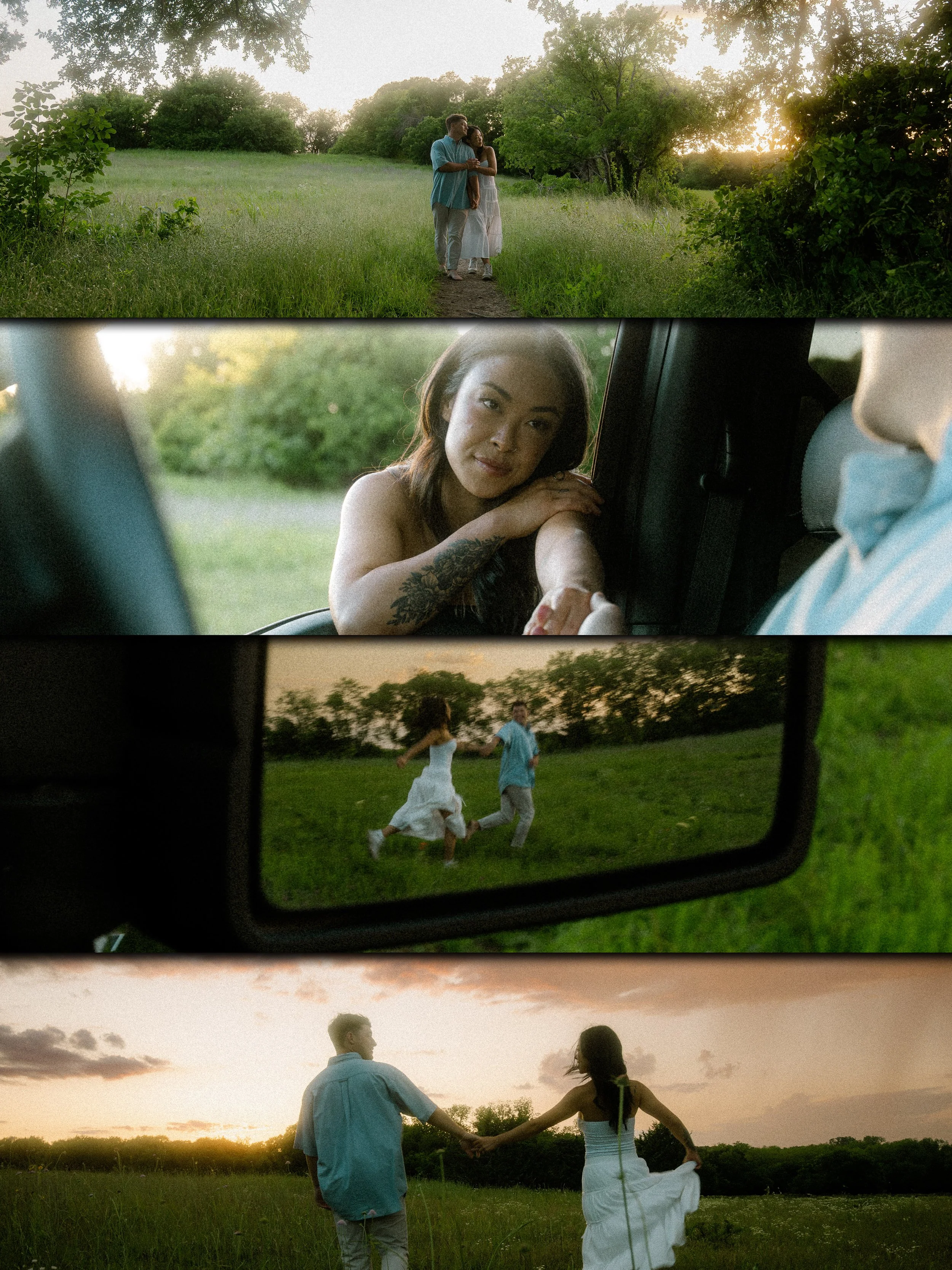 Film-style photo stack of a romantic couple's session at Erwin Park, featuring truck details and candid movement. 