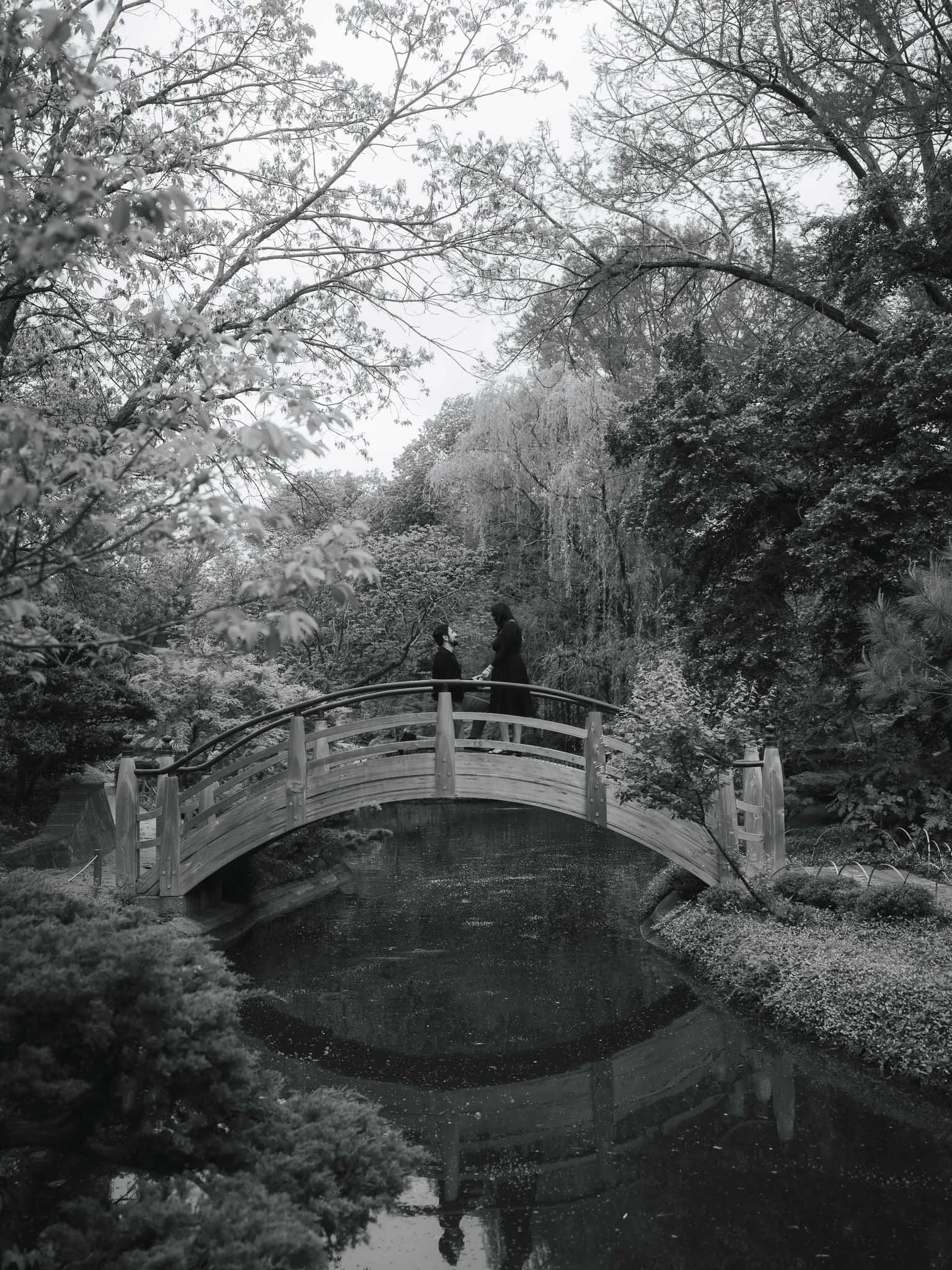 A black-and-white photo of two people on a small wooden bridge over a pond, surrounded by trees and foliage.