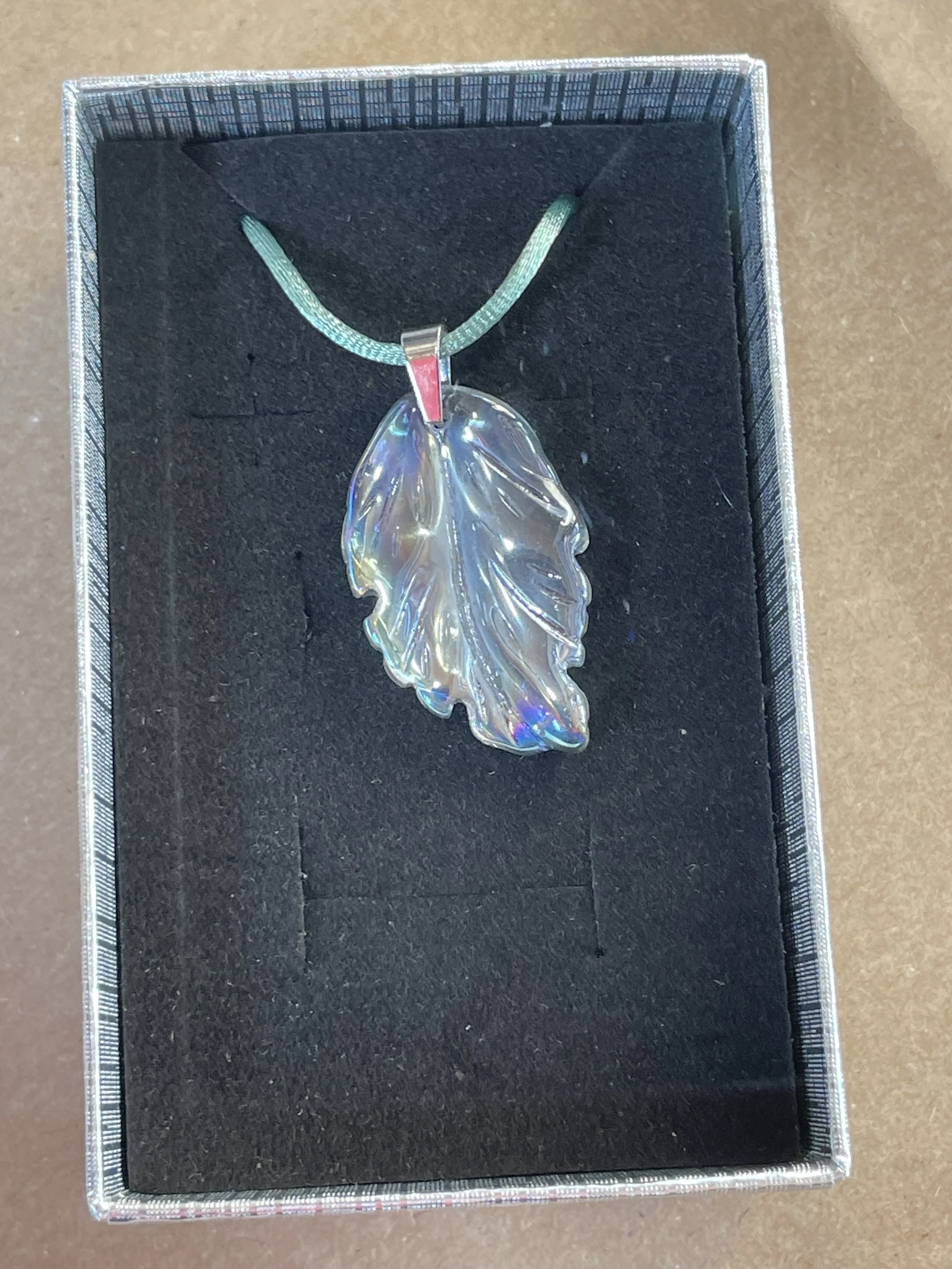 Glass Leaf Pendant Green:Silver on Green Cord.jpg