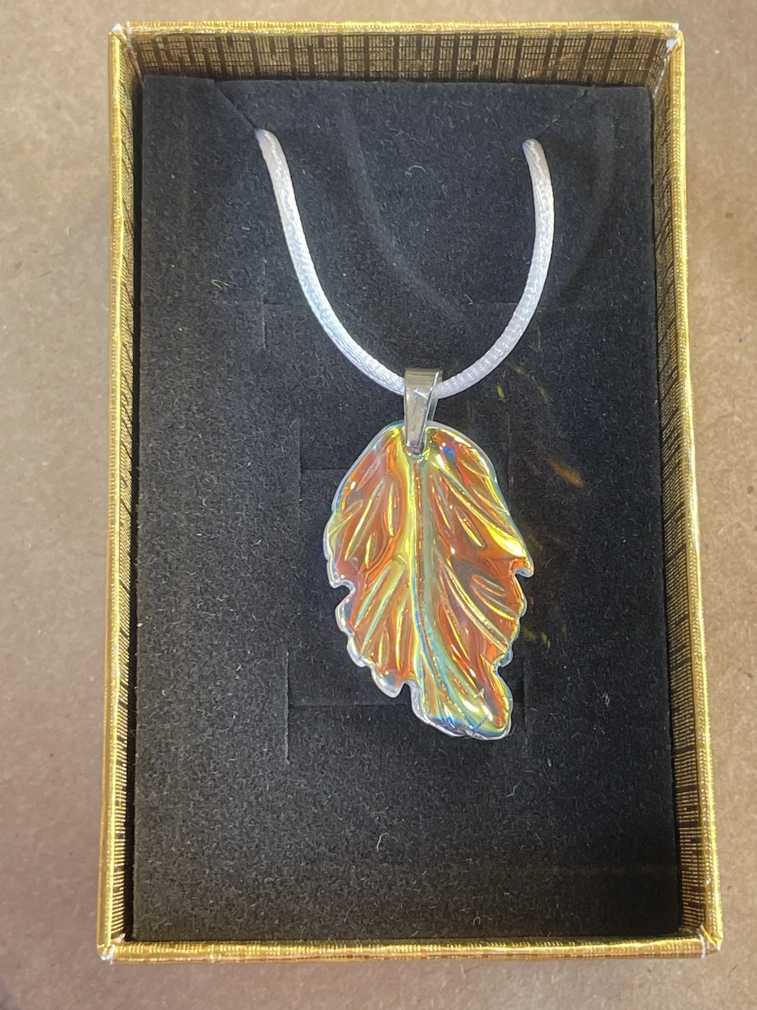 Glass Leaf Pendant Orange:Pink with Silver Cord.jpg