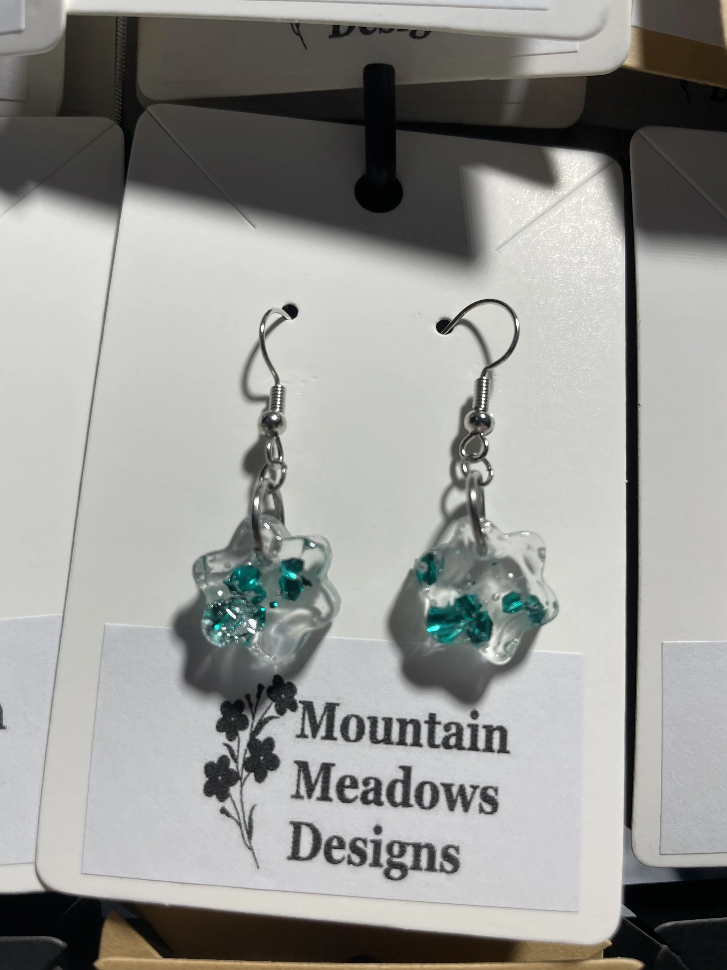 Dark Teal Glitter Flower Earrings (long).jpg