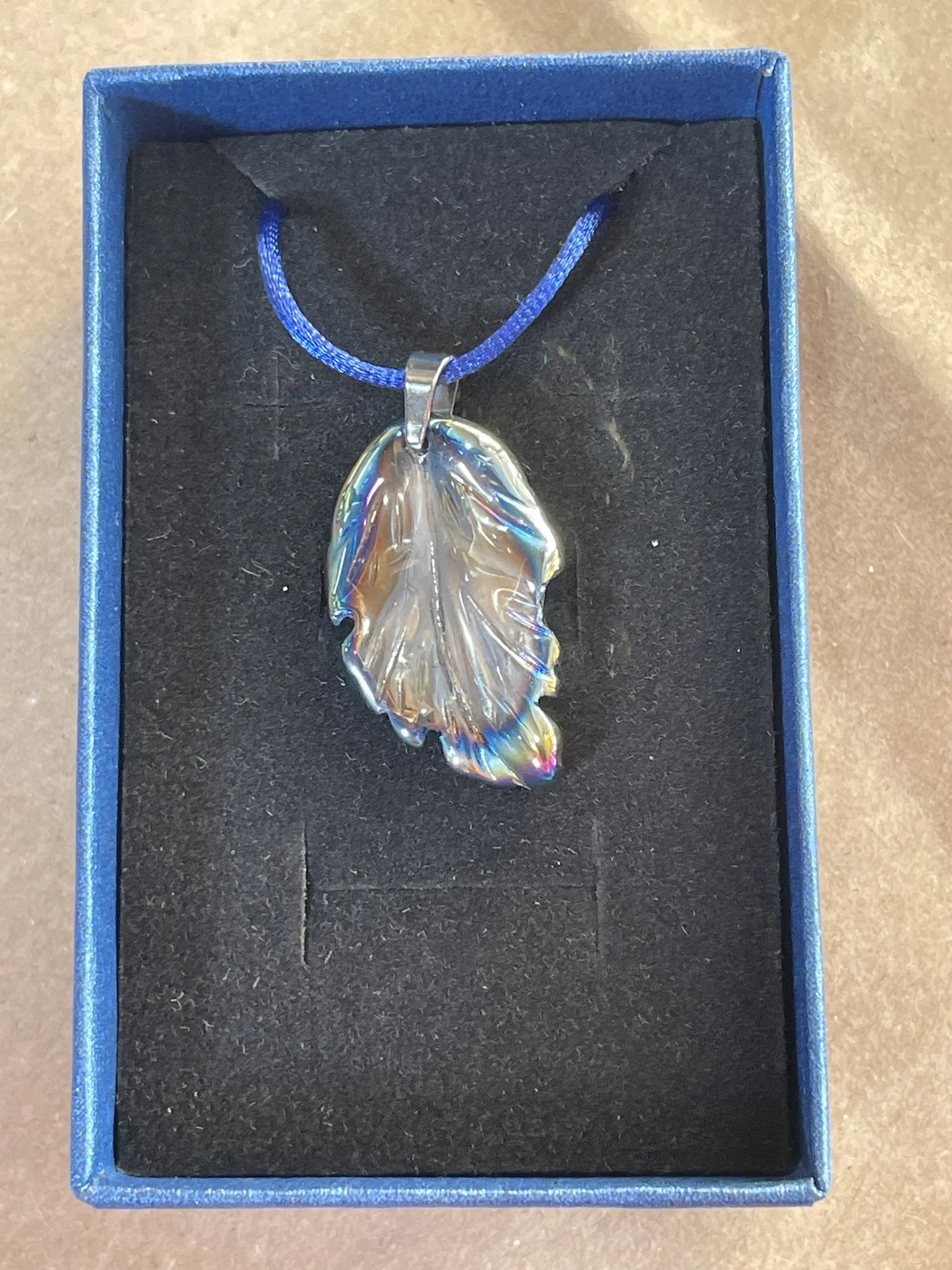 Glass Leaf Pendant Oil Slick on Blue Cord.jpg