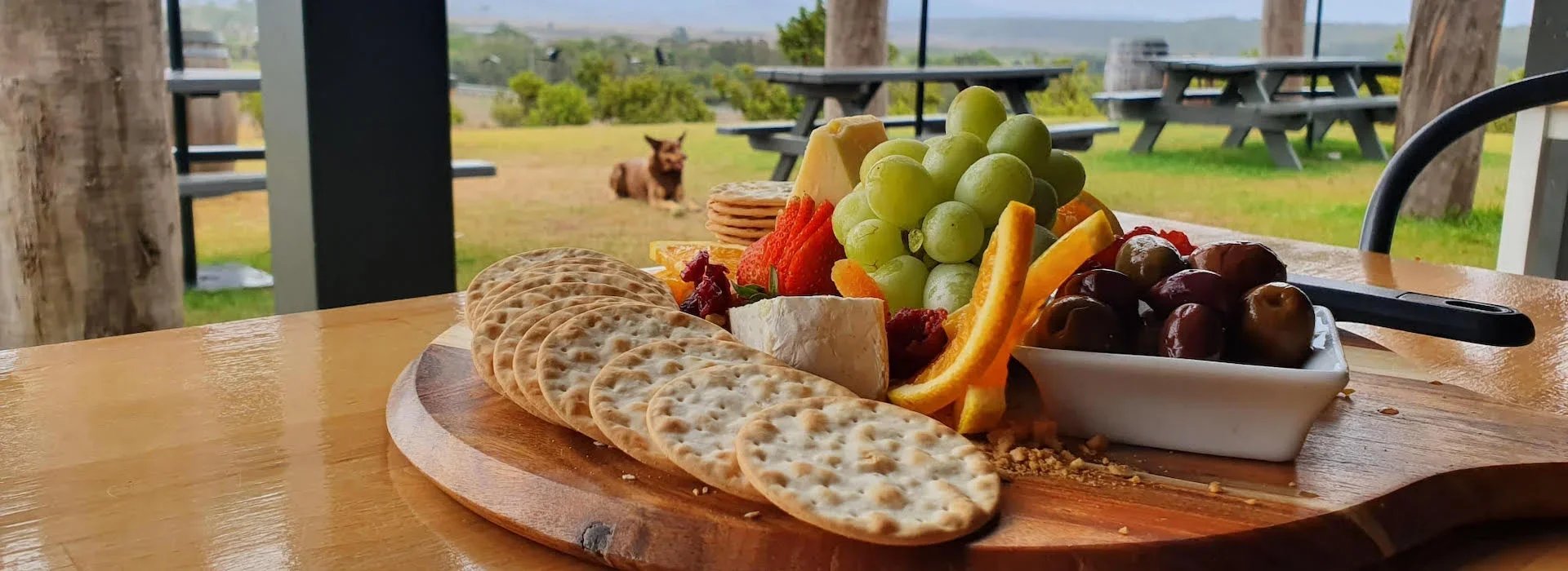 A colorful grazing platter served on a round wooden board on an outdoor wooden table at an open-air vineyard restaurant. The platter is artfully arranged with a fan of water crackers, a wedge of brie cheese, a block of cheddar, a large bunch of green