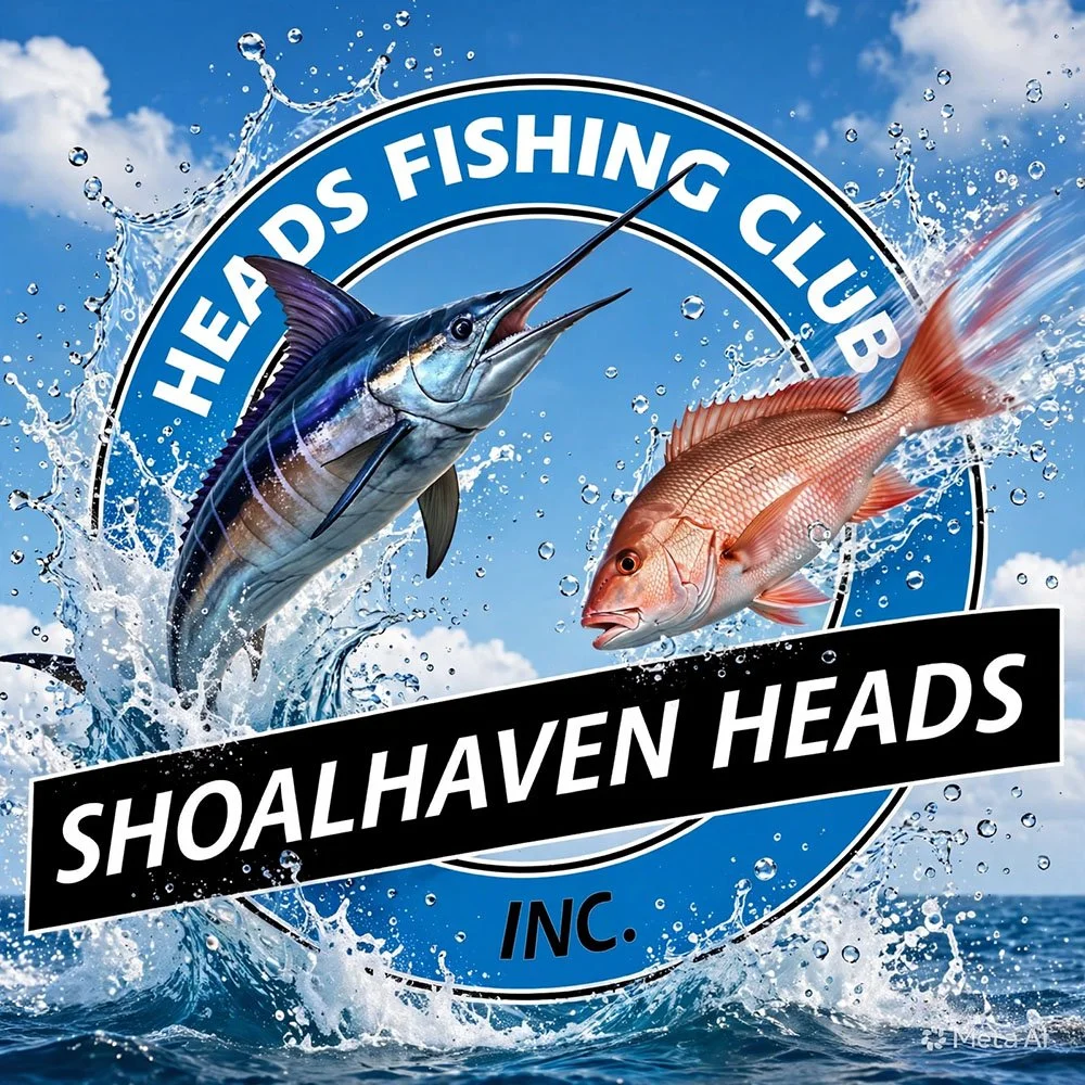 Logo for the Heads Fishing Club, Shoalhaven Heads Inc., featuring a marlin and a snapper jumping out of the water with splashes and a blue ocean background.