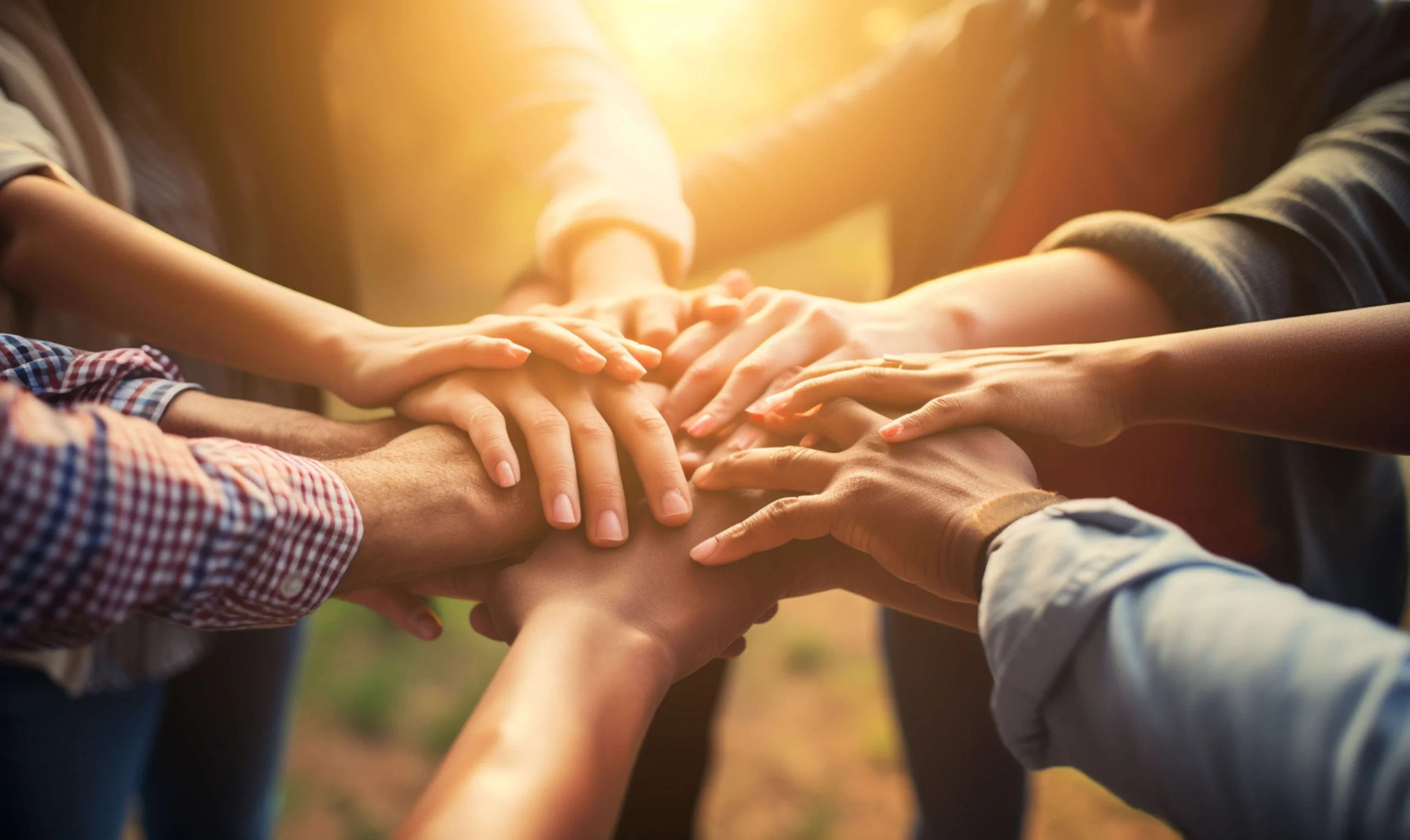 Multiple hands of different people stacked together in a circle, symbolizing teamwork and community.