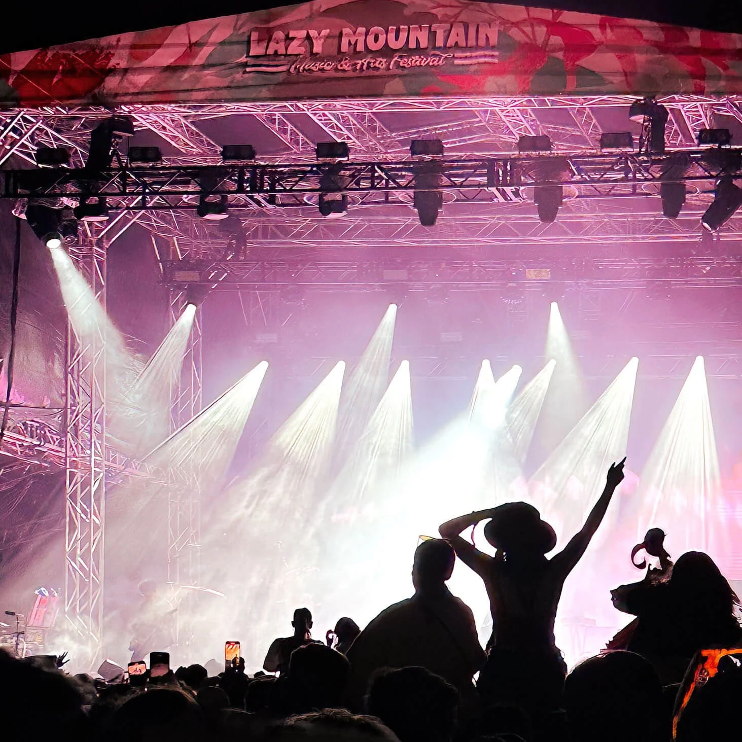 People enjoying a live music concert with colorful stage lights at Lazy Mountain Music & Art Festival in Berry, NSW.