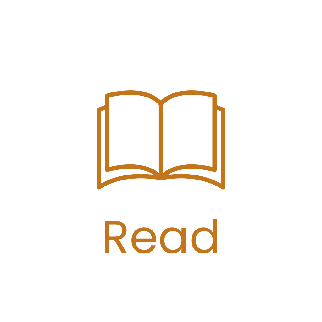 Icon of an open book with the word 'Read' underneath, on a black background.