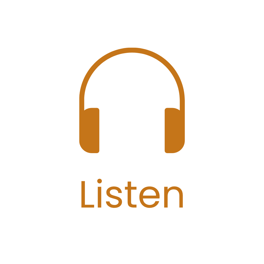 Icon of headphones above the word 'Listen' in brown, on a black background.