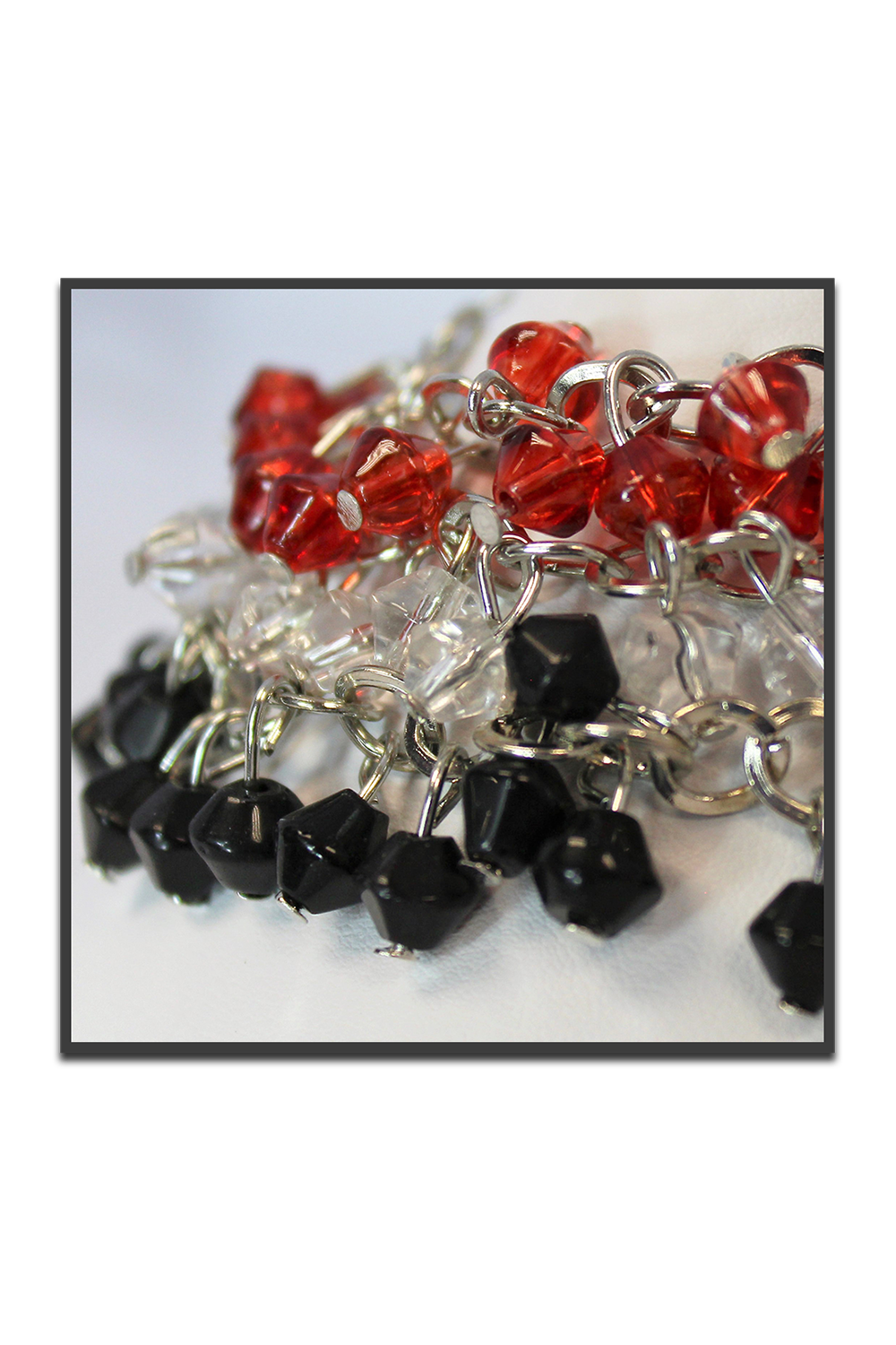 Glass, Rhodium Plated Steel Bracelet. Clear, Red & Black. 8". Lobster Claw Clasp. H20-1802