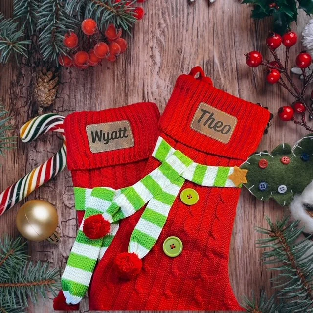 Personalized Christmas Stockings with Engraved Leather Patches