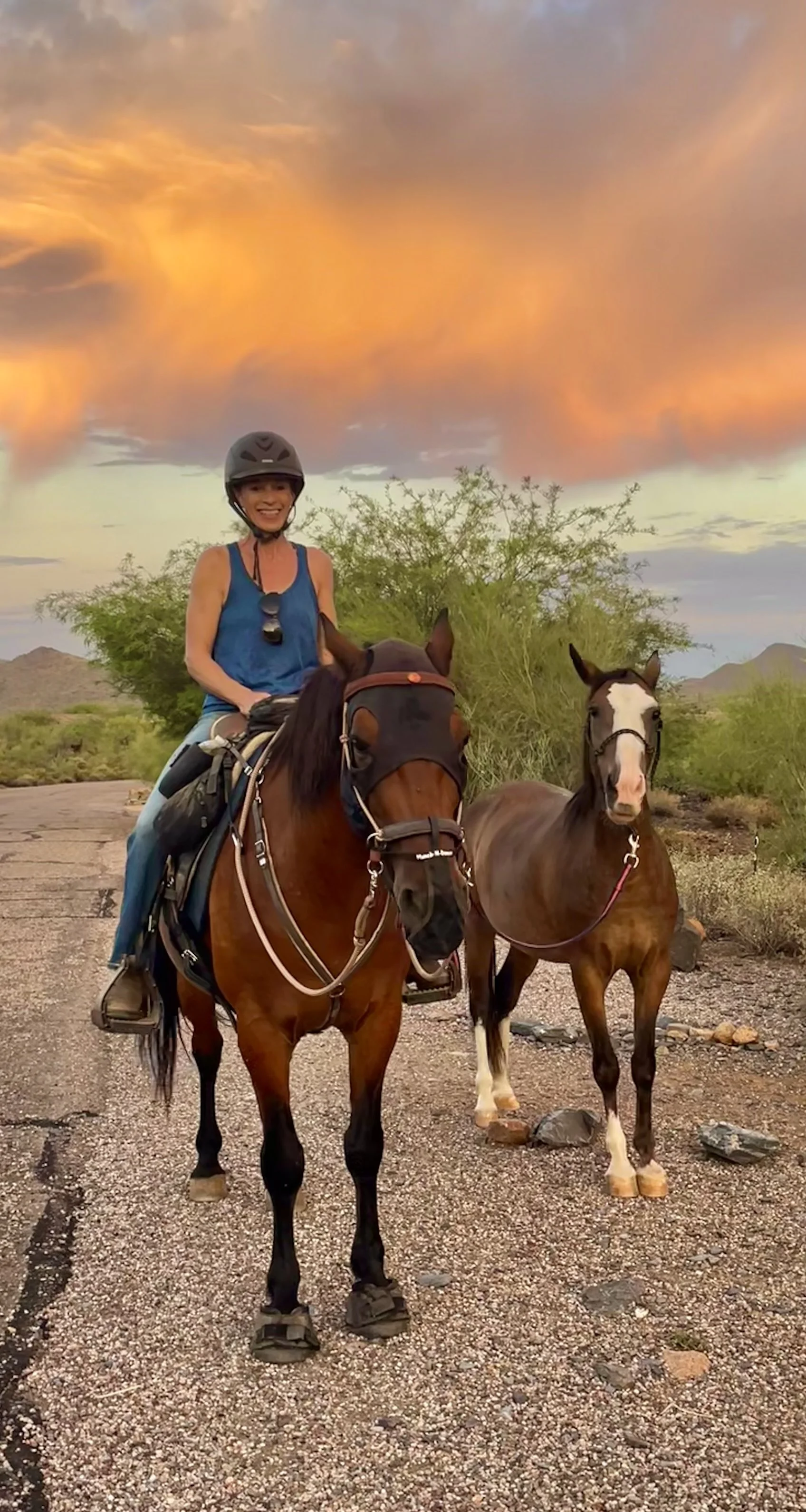 A woman wearing a helmet, smiling, riding a brown horse with a black mask, and holding the reins, with a second brown and white horse nearby, under a colorful sunset sky with orange, pink, and purple clouds in a desert landscape.