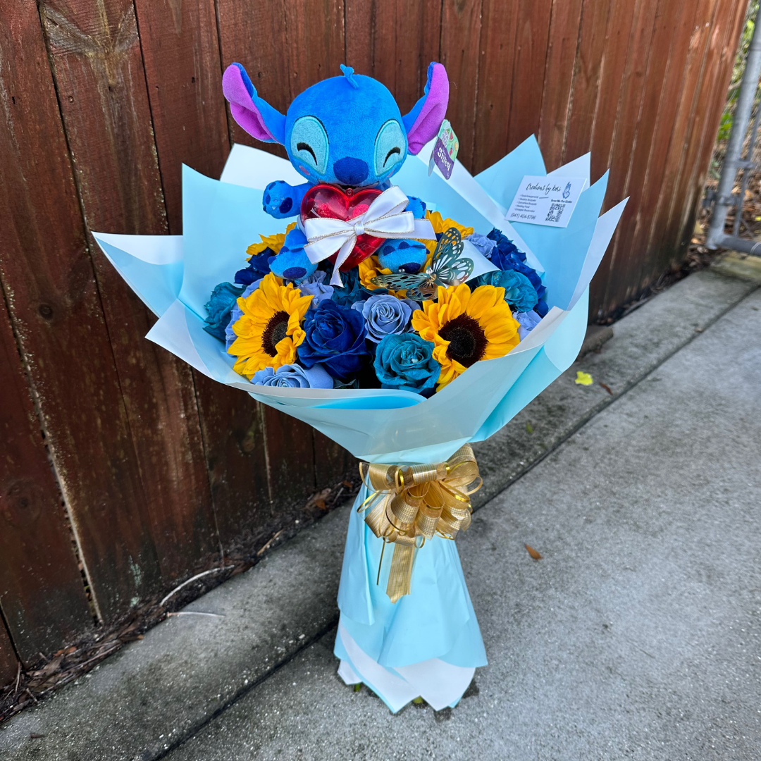 Blue rose and sunflower bouquet with Stitch plush and light blue wrapping
