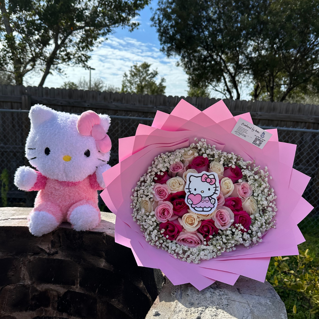 Pink and white rose bouquet with Hello Kitty plush and pink wrapping