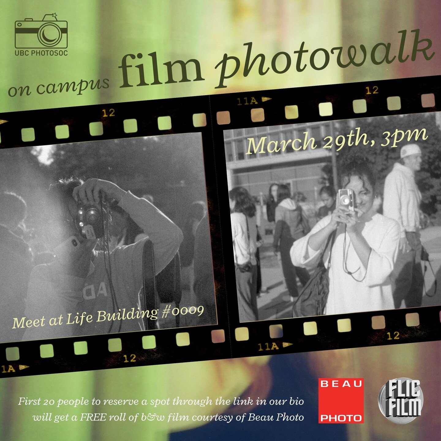 Join us for another UBC PhotoSoc PhotoWalk!

UBC PHOTOSOC MEMBERS: RSVP (link in bio) for a free roll of film to use on the walk -- courtesy of Beau Photos and Flic Film! 🎞️

But don&rsquo;t forget to BYOFC -- bring your own film camera ;-) 📸

Firs