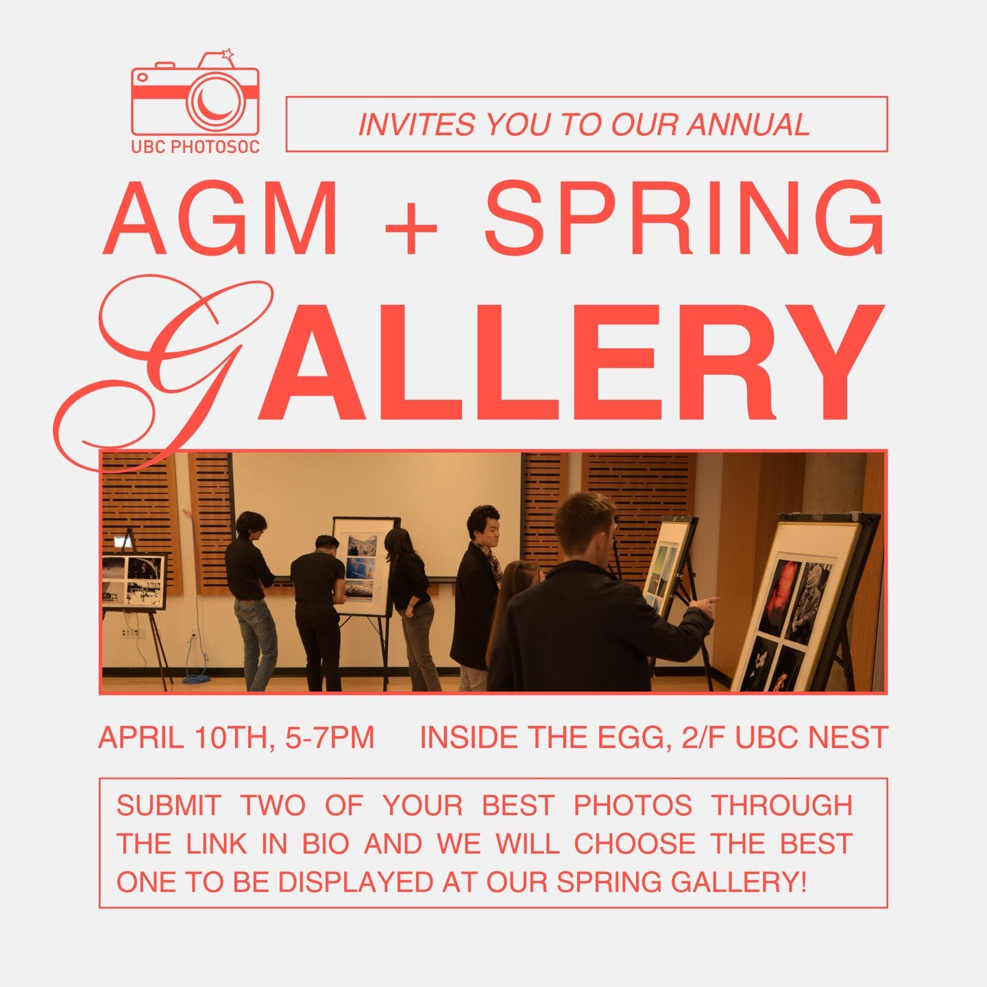 Hello Photosoc! We are happy to announce that we are preparing for the Spring Gallery! Come join us on April 10th to showcase your work and celebrate it with the rest of the club! ✨

For this gallery, we'd like you to send us two of your favourite sh