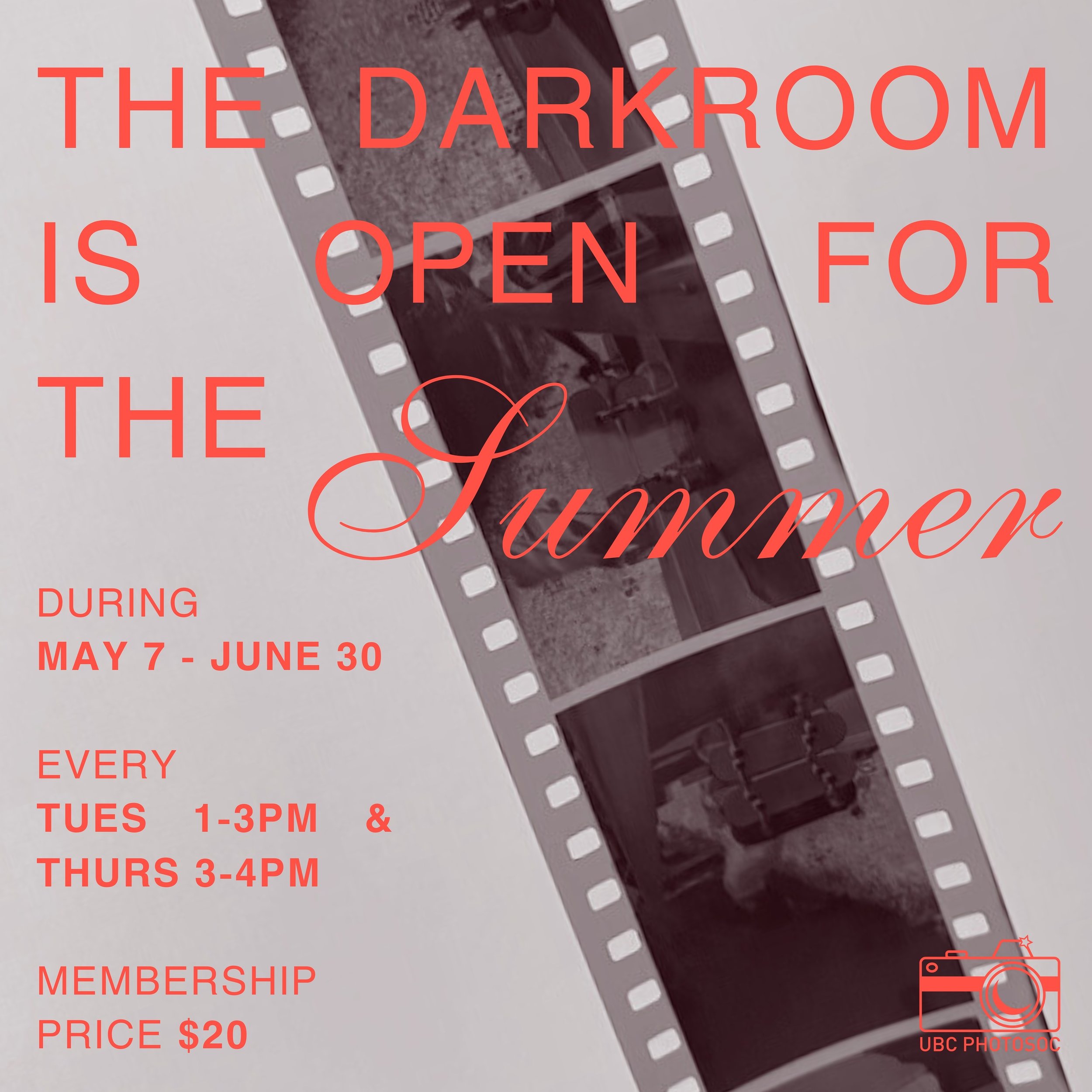 Exciting news! Our Darkroom will be open this Summer, from May 7th to June 30th, every Tuesday 1-3pm and Thursday 3-4pm. Membership prices are only $20 dollars for the whole term (DEBIT OR CREDIT ONLY)! Come in at anytime during these hours to buy yo