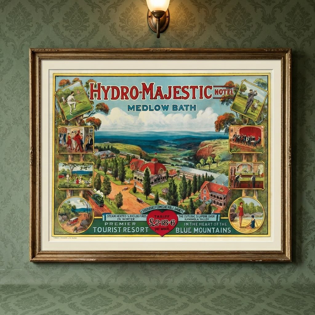 🍂✨ Bring a piece of Blue Mountains history home with our vintage tourism poster inspired by the iconic Hydro Majestic Hotel.

A nostalgic design celebrating one of the Mountains&rsquo; most loved landmarks, this piece adds character, history and tim