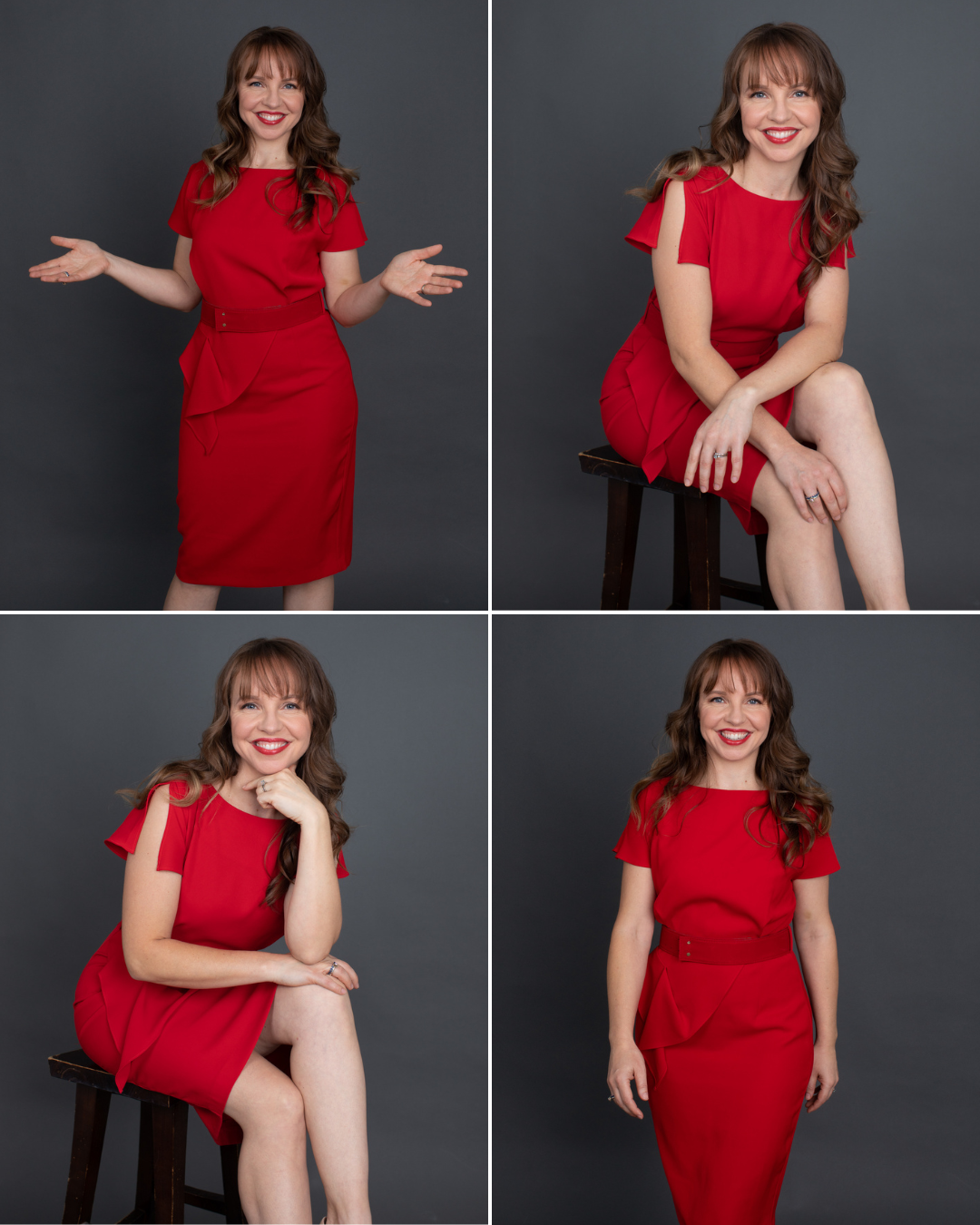 Susan Paczkowski wearing a red dress in a series of professional personal branding portraits photographed in the studio.