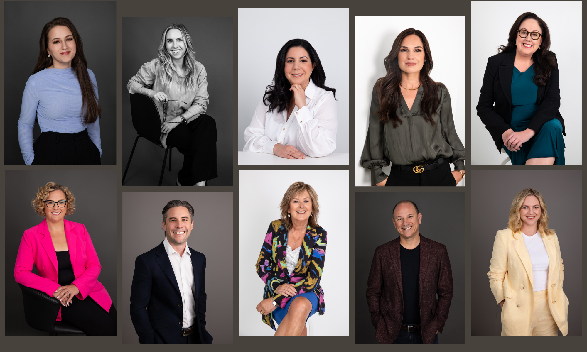 Collage of ten diverse professional headshots of men and women, some smiling, dressed in business casual or formal attire, against gray or white backgrounds.