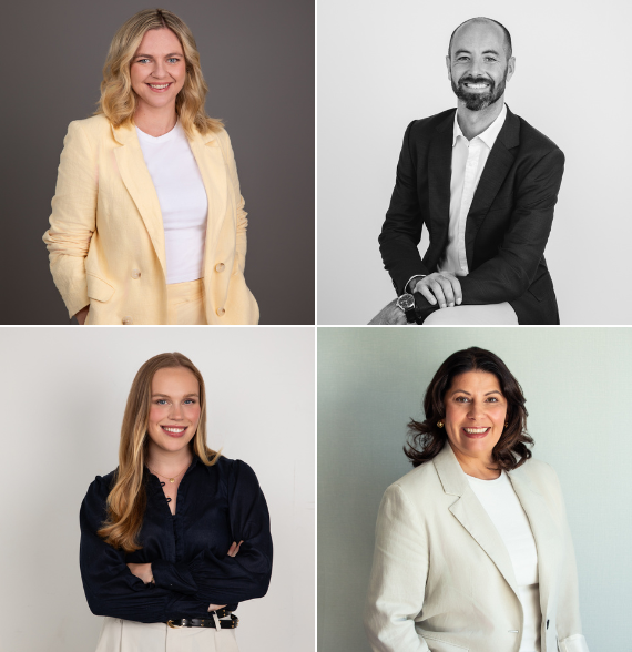 LinkedIn headshots in Sydney featuring four professionals in business attire, photographed with clean studio lighting and neutral backgrounds for a polished and approachable company image.