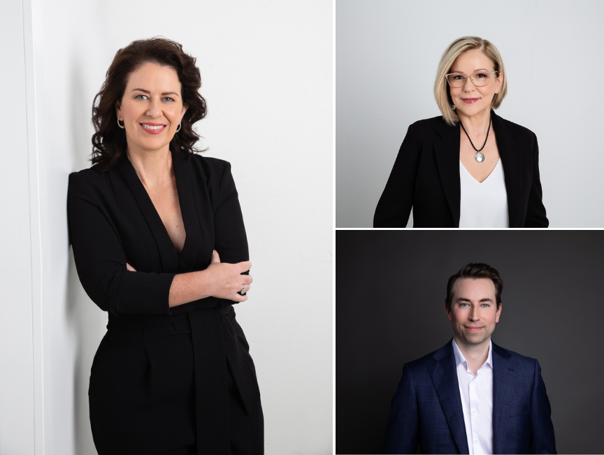 Collage of three professional corporate headshots: two women and one man dressed in business attire, posing against neutral studio backgrounds with confident, approachable expressions.