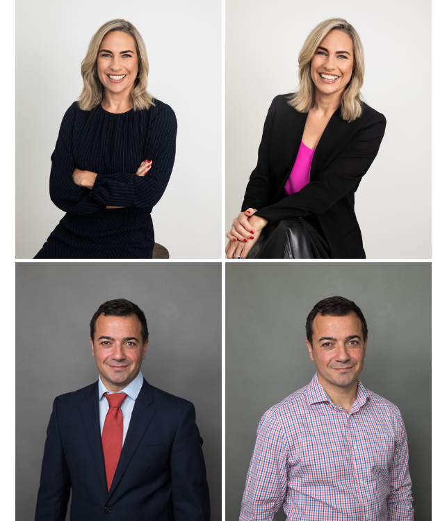 Corporate headshot collage featuring two outfit options per client — professional business portraits by Simona Janek