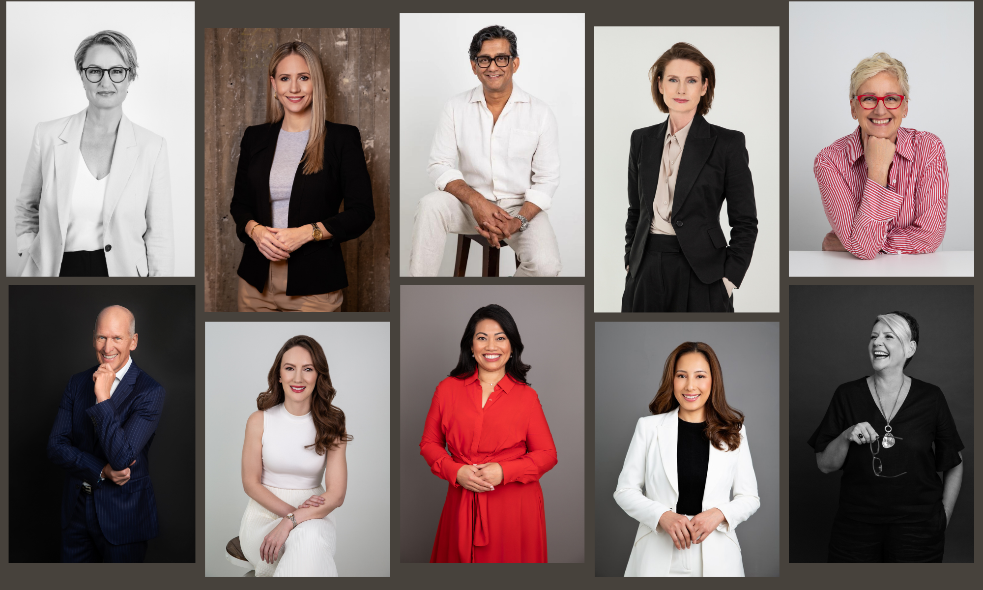 Collage of ten professional headshots of diverse men and women with varying skin tones, hairstyles, and clothing styles in different backgrounds and lighting conditions.