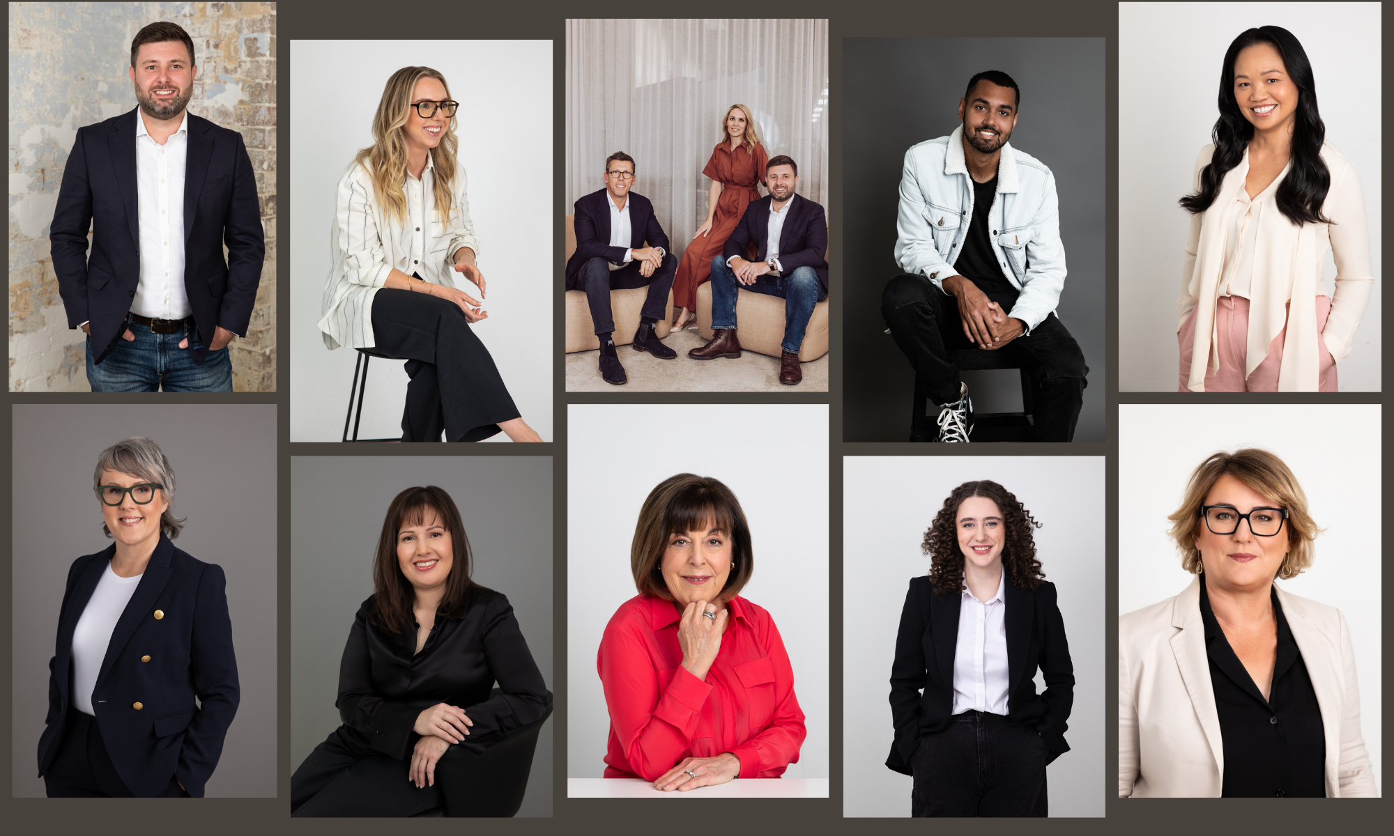 Collage of diverse professional individuals, some in formal business attire and others in casual clothing, posing for portraits against plain background.
