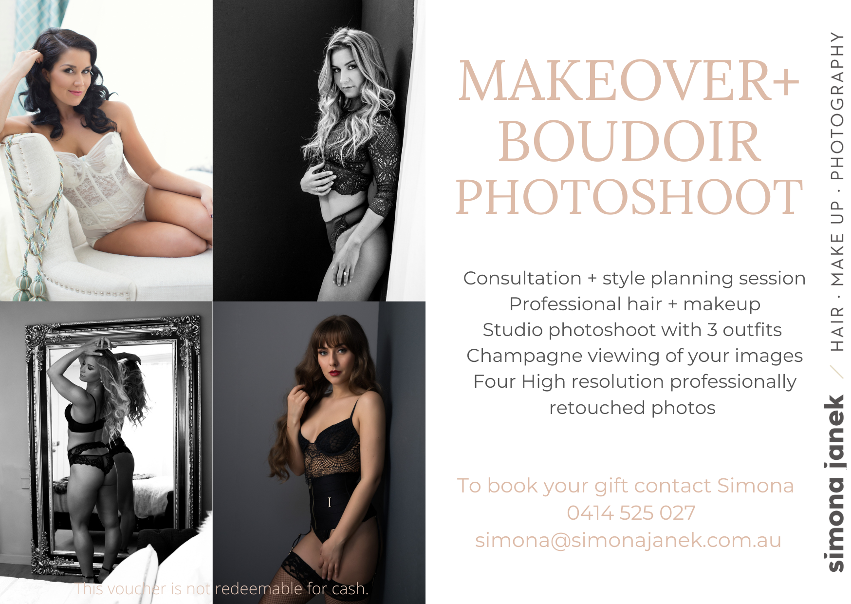 Simona Janek makeover and boudoir photoshoot package — includes hair, makeup, studio session with 3 outfits, and professionally retouched photos