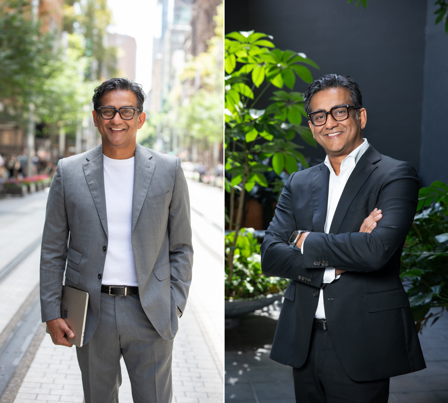 Professional business portrait showing a man in a grey suit outdoors and a black suit indoors, demonstrating different outfit options for professional photography.