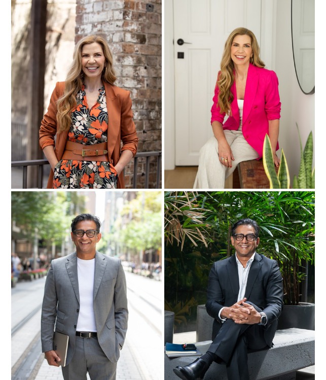 Personal brand photography collage showing two clients in multiple locations and outfits — outdoor and indoor brand portraits by Simona Janek