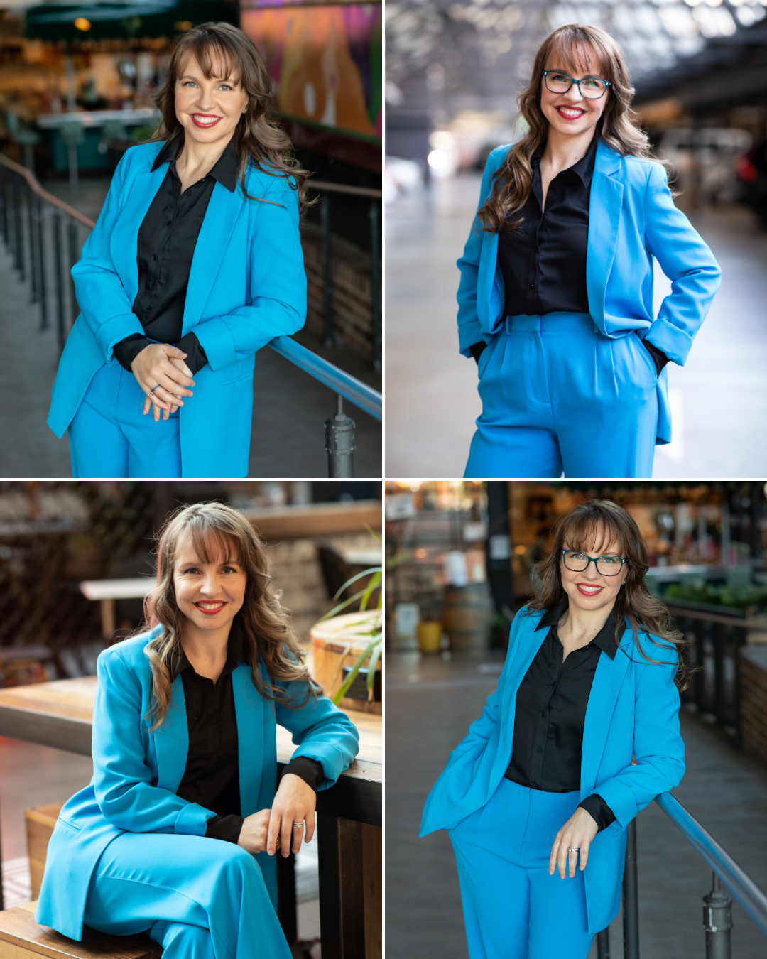 Susan Paczkowski wearing a bright blue suit and black shirt in a series of personal branding portraits photographed at a Sydney location.