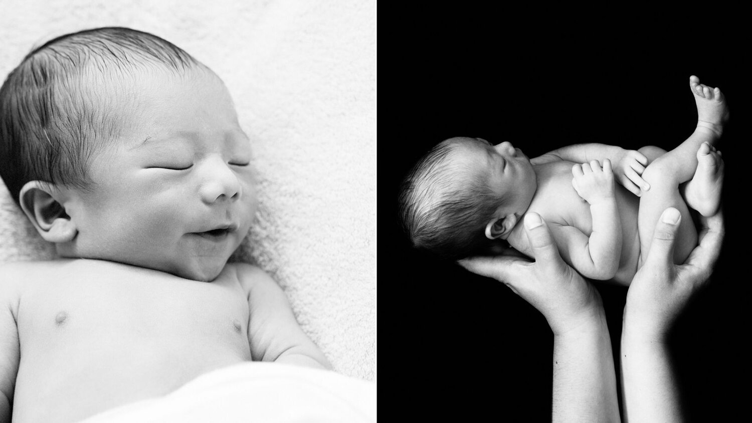 Black and white newborn photography — sleeping baby close-up and newborn gently held in parents' hands