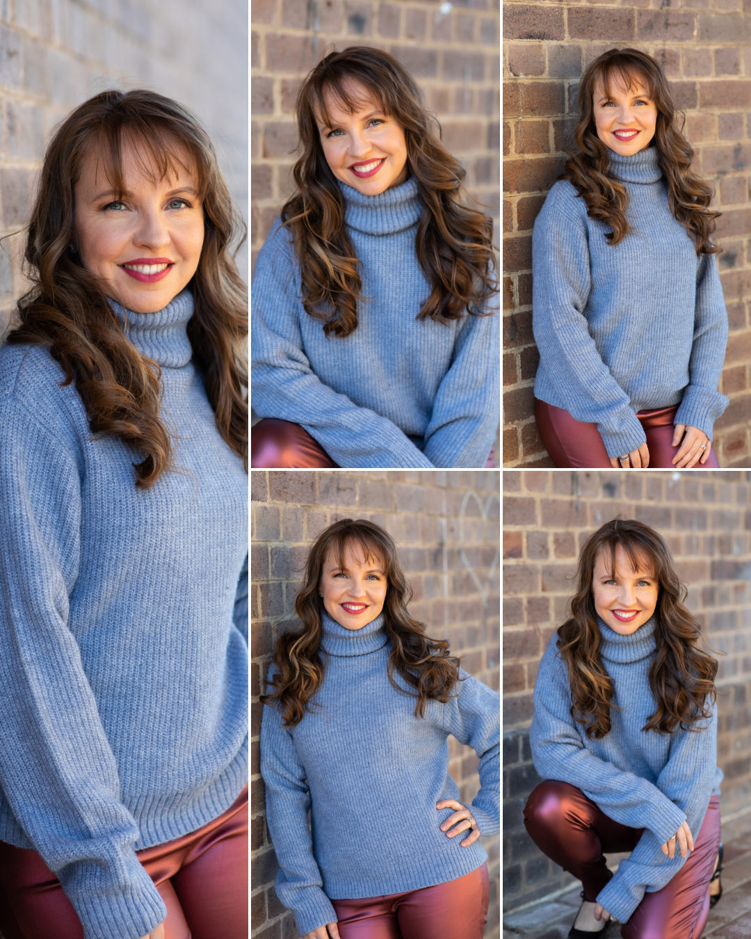 Susan Paczkowski wearing a blue sweater in a series of natural personal branding portraits against a brick wall.