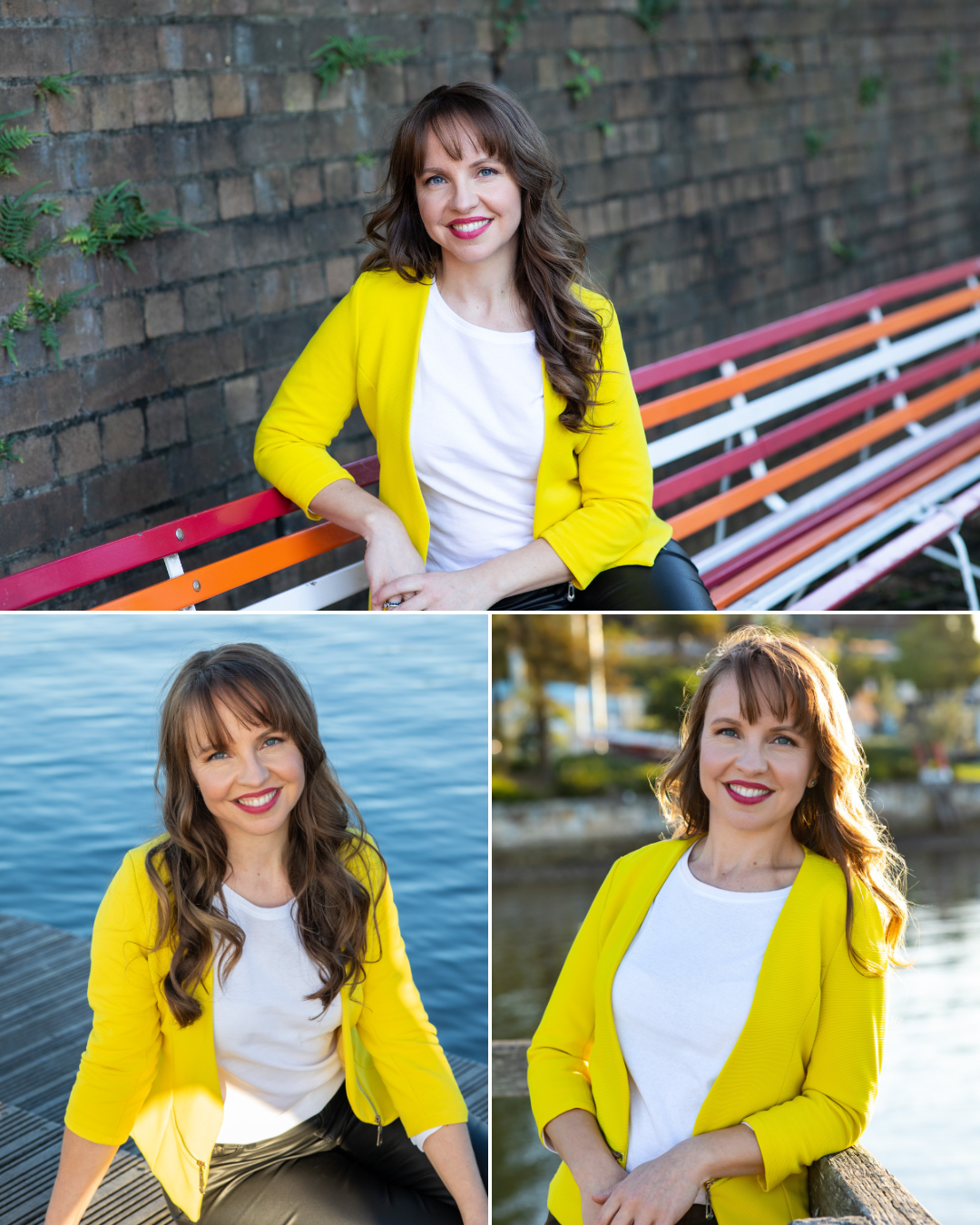 Susan Paczkowski in a yellow blazer during a personal branding photoshoot in Sydney, photographed in outdoor locations.