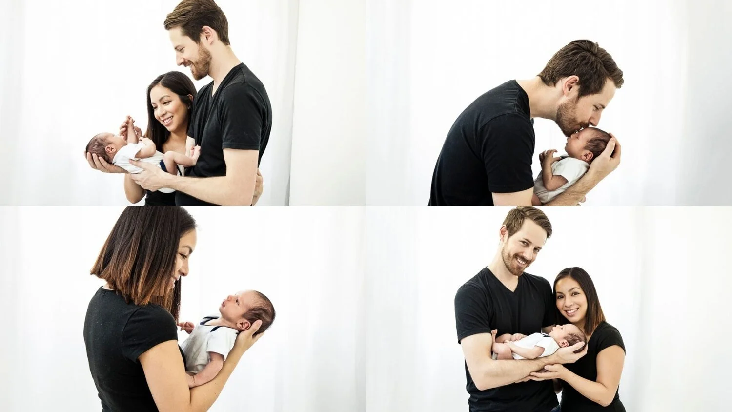 Four images of a young couple with their newborn baby in a white room. The couple is smiling and holding the baby, a newborn dressed in white. They appear happy and affectionate in each photo.