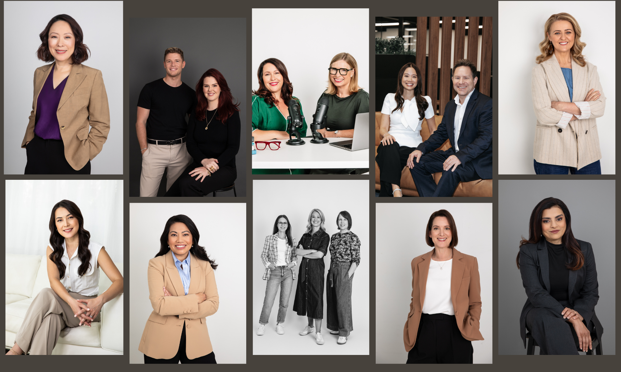 Collection of professional portraits of diverse men and women in office and casual settings, some in black-and-white, some in color, featuring individuals and small groups with various poses and expressions.